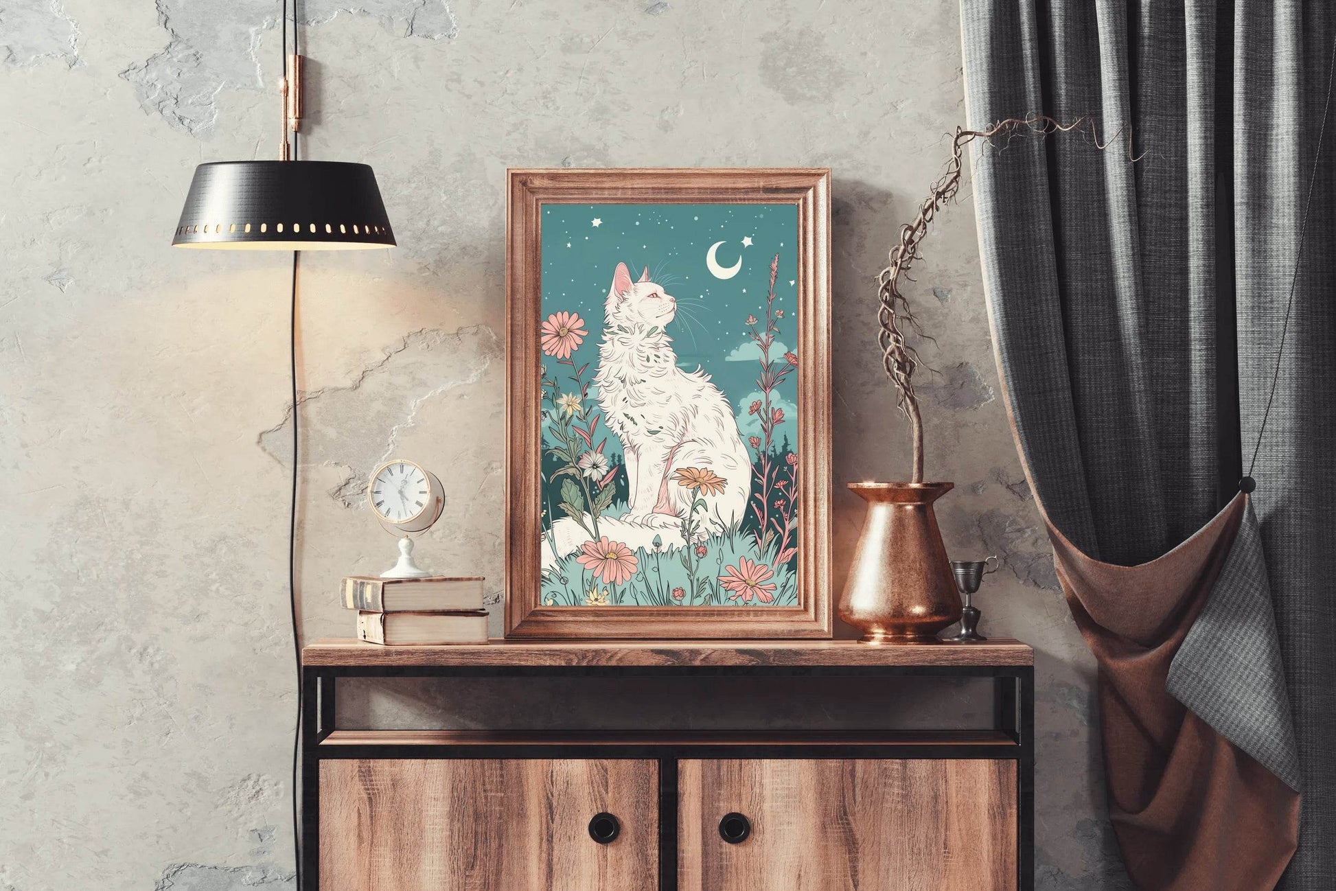 Painting of White Cat Watching the Moon - beink online art store