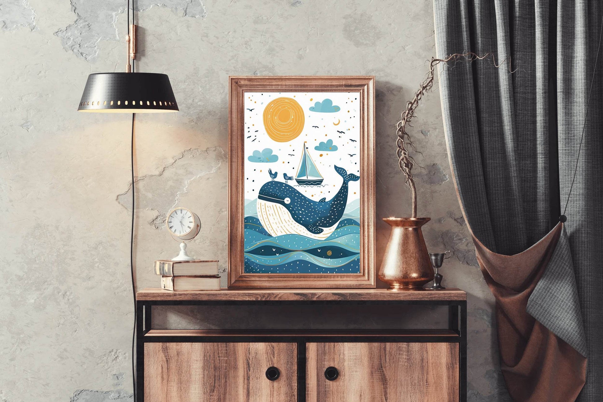 Painting of Blue Whale and a Boat in the Oean - beink online art store