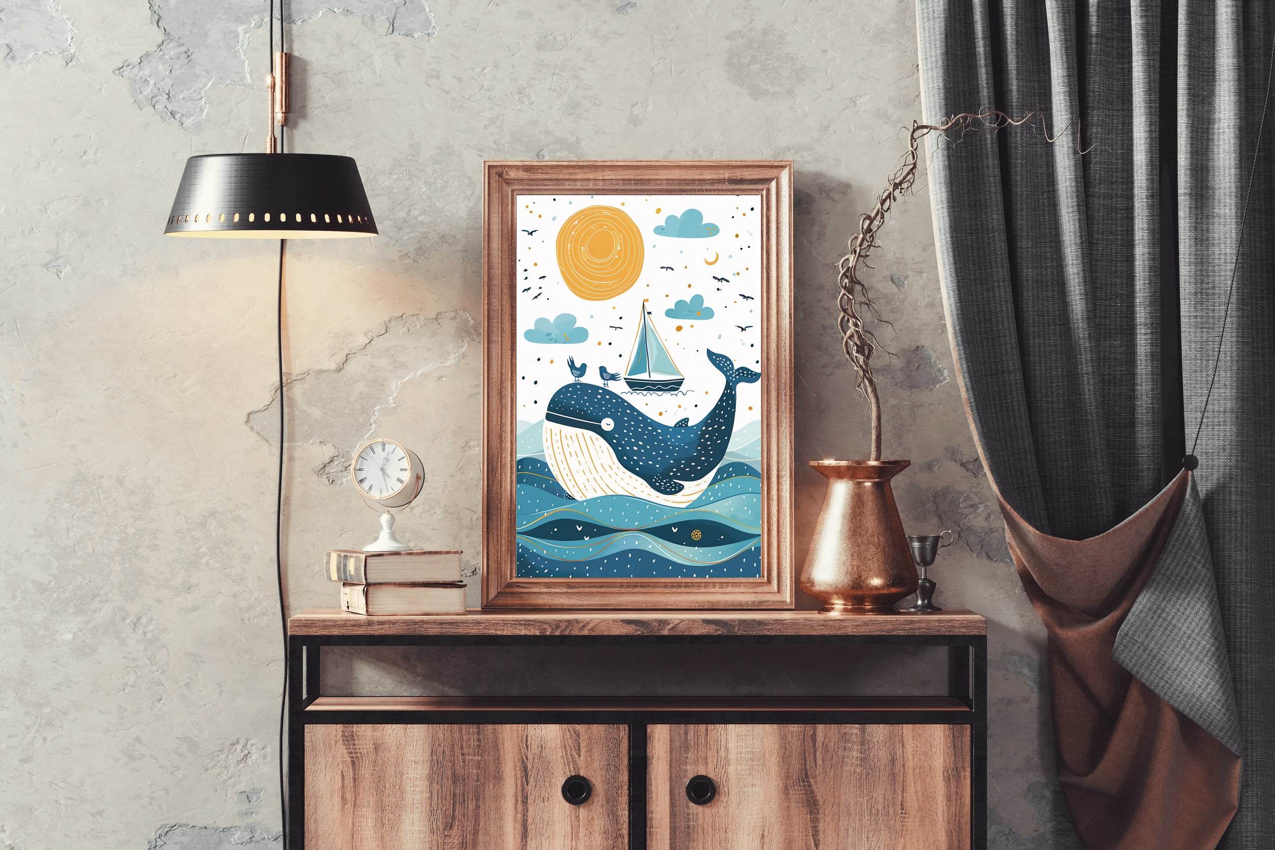 Painting of Blue Whale and a Boat in the Oean - beink online art store