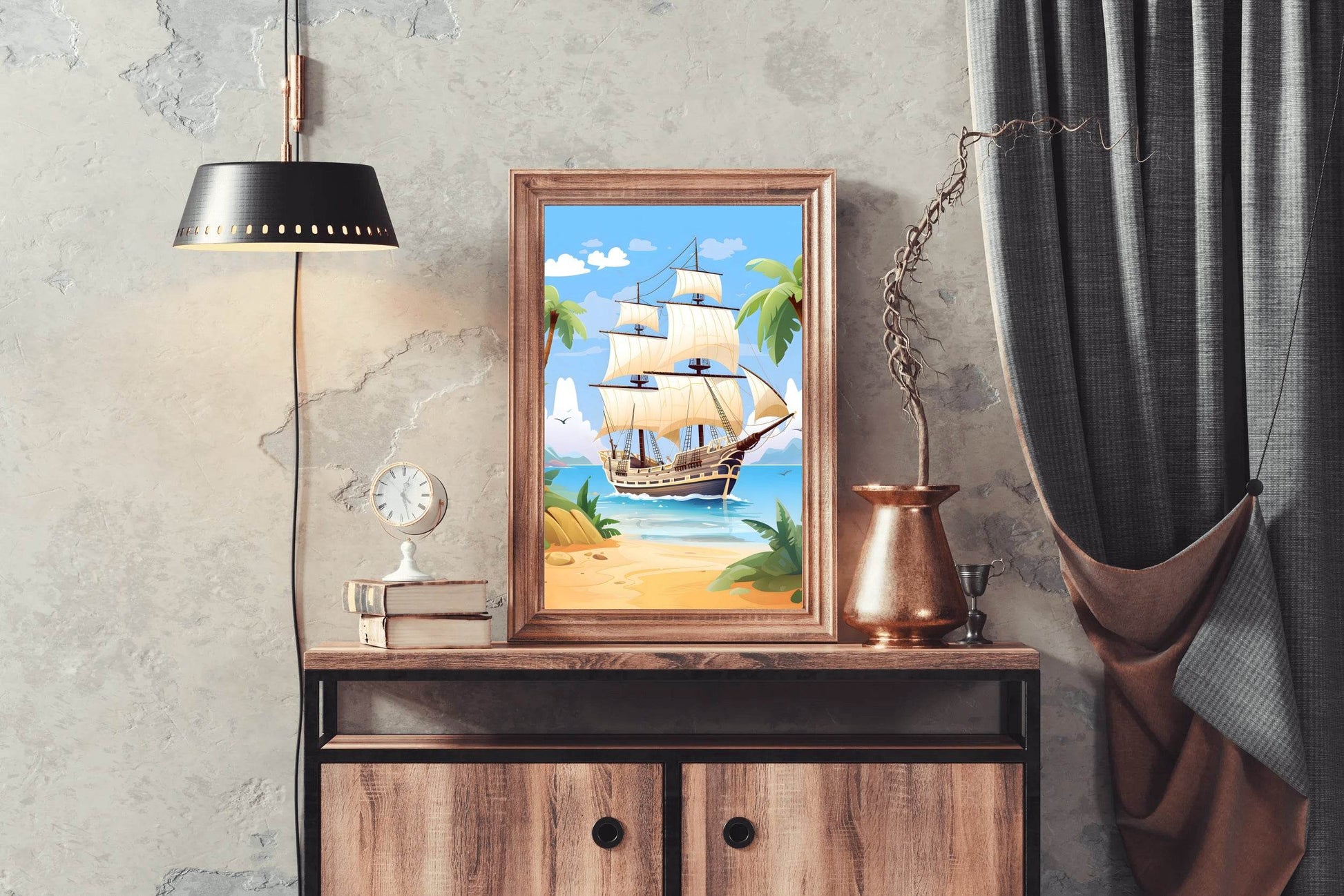 Cartoon Image of Pirates Ship in Sea - beink online art store