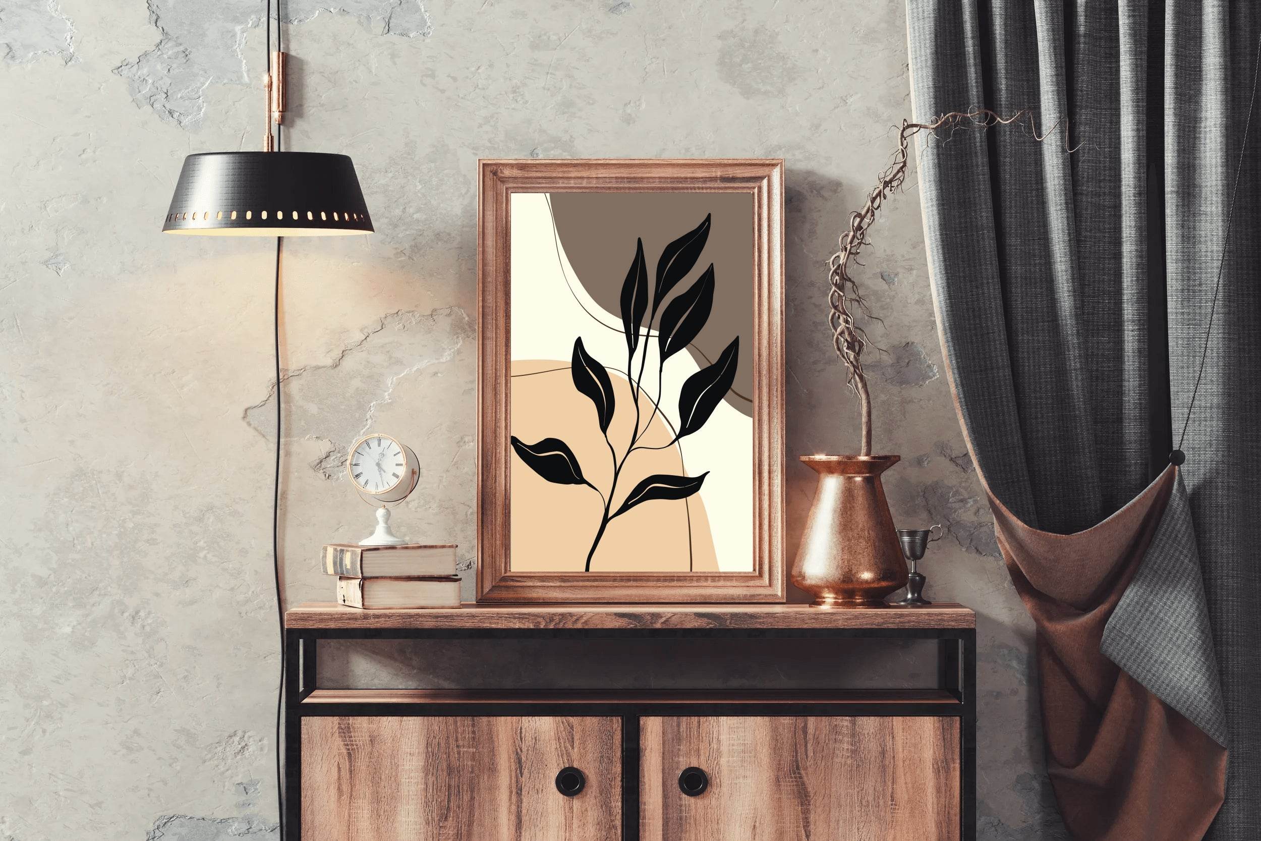 Black Leaves on a Stylized Foliage in Beige tones ArtWork - beink online art store
