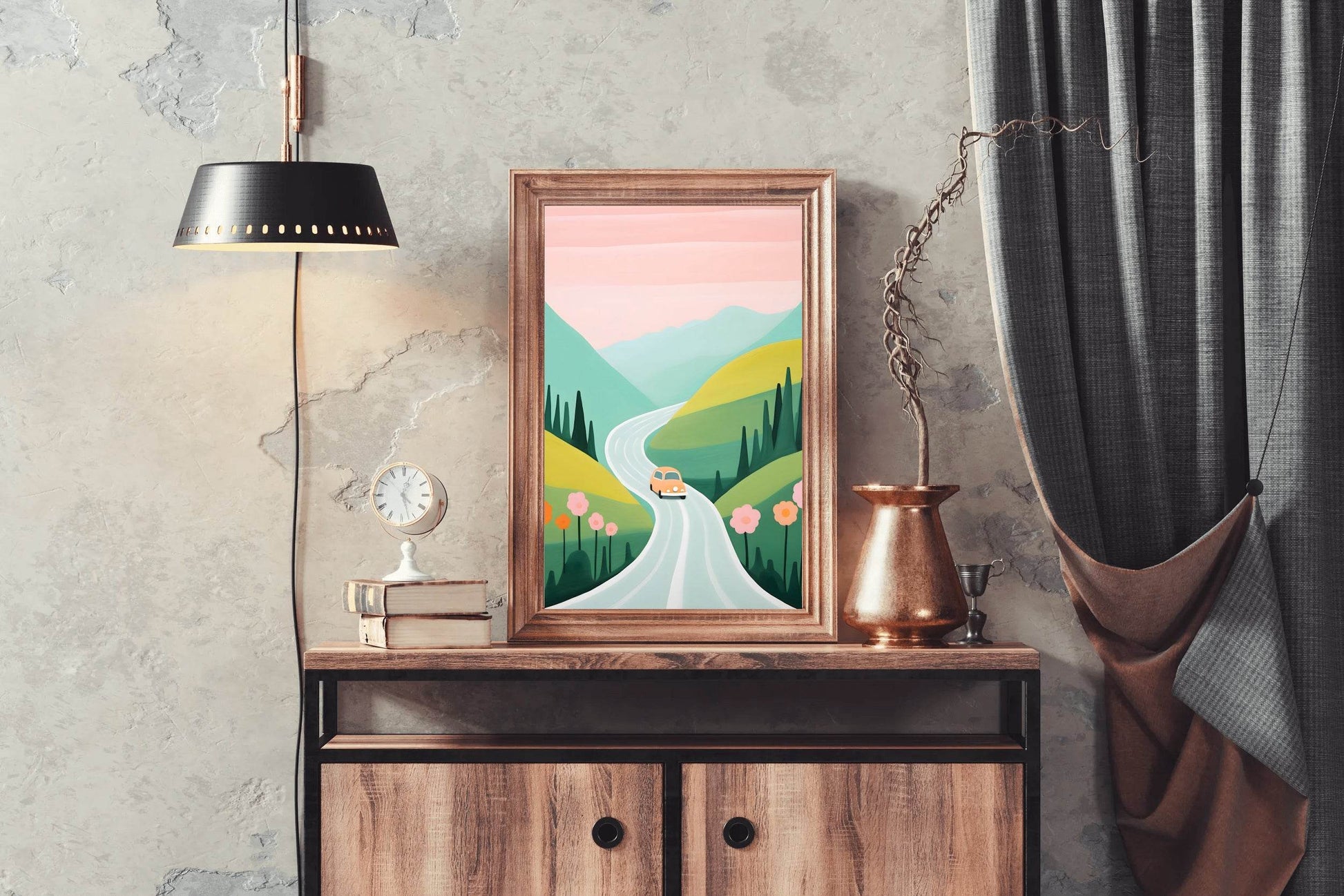 Painting of Pink Car Passing Through the Green Meadows - beink online art store
