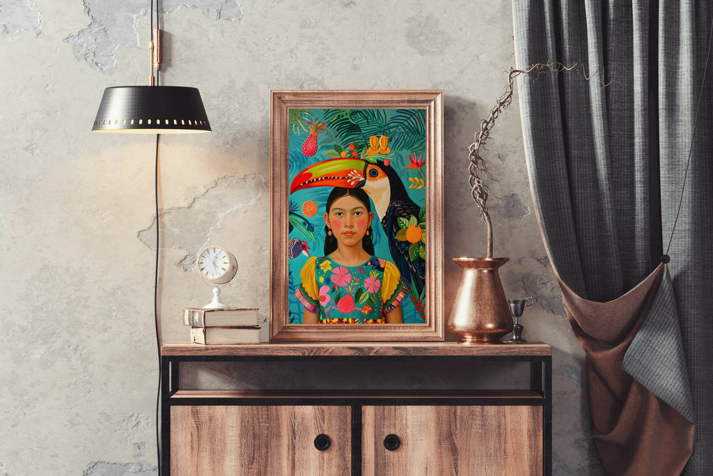 Girl and Macaw in Tropical Rain Forest Art - beink online art store