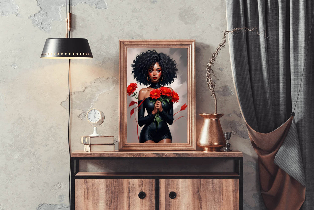 Black Woman in Black Dress Holding Red flower Wall Art - beink online art store