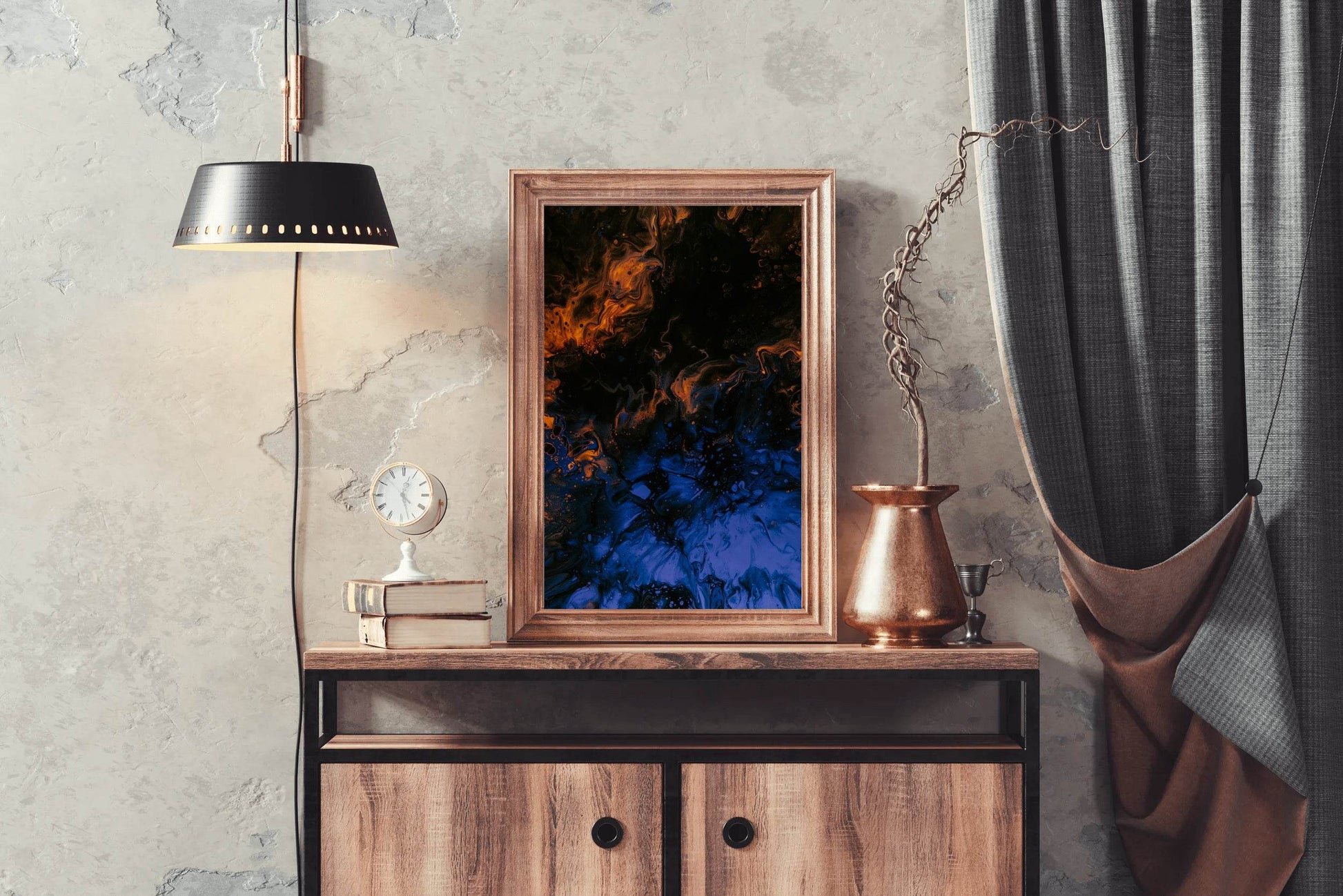 Blue and Fire Oil Paint Abstract Wall Art - beink online art store