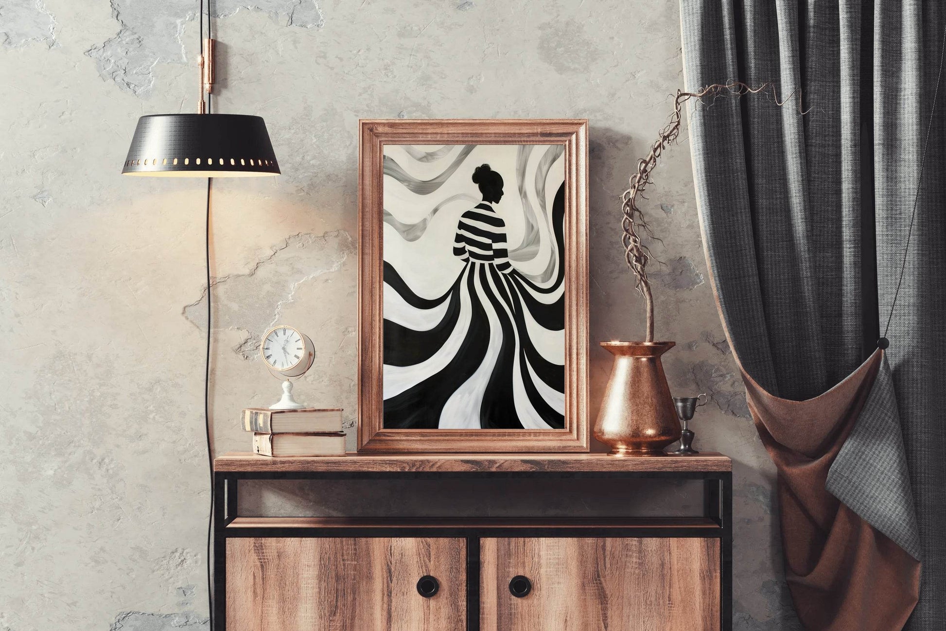 Swirling Silhouette-Black and White stripes Modern Art - beink online art store