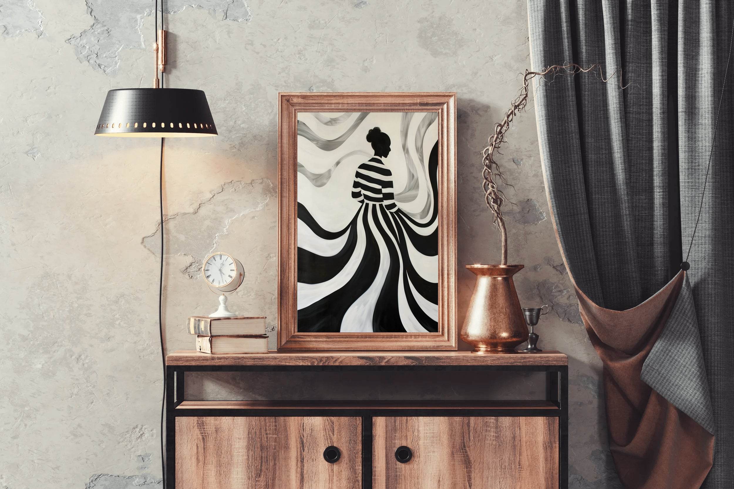 Swirling Silhouette-Black and White stripes Modern Art - beink online art store