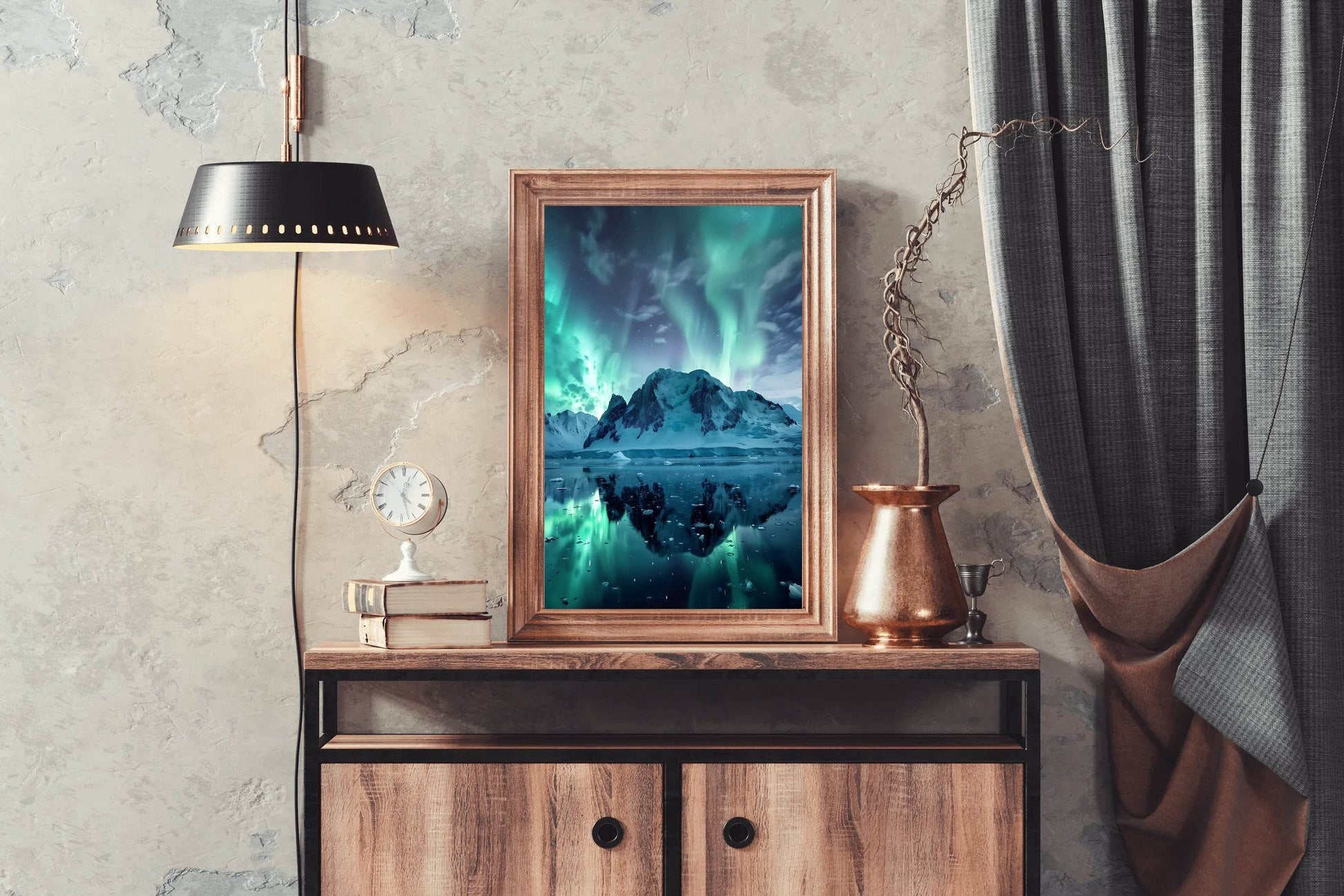 Green Northern lights in the Sky Over Snow Mountain Wall Art - beink online art store