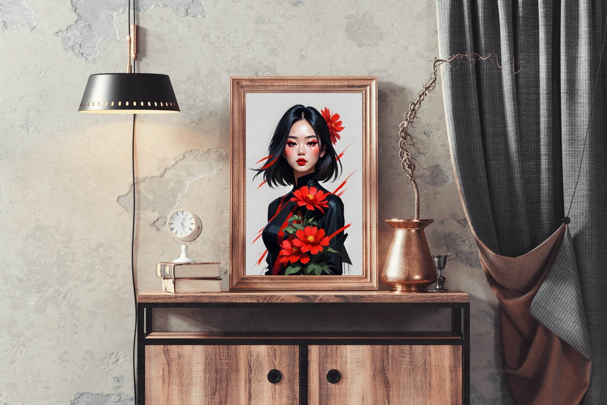 Asian Style lady with Red Flower Wall Art - beink online art store
