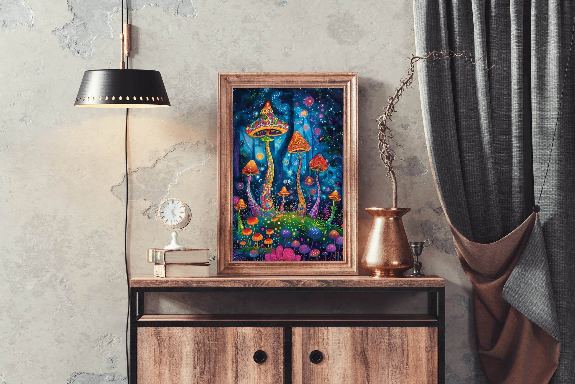 Brightly colored mushrooms and trees in a fantasy forest at night Wall Art - beink online art store