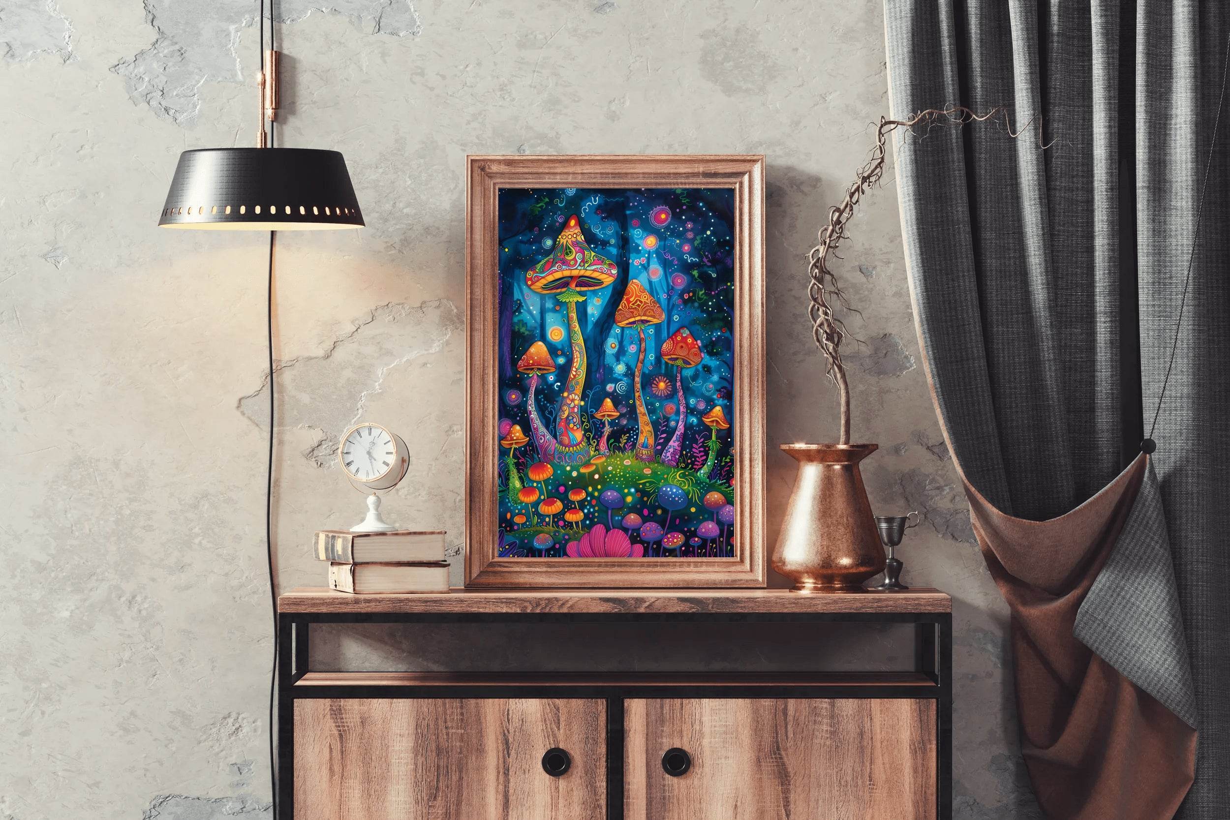 Brightly colored mushrooms and trees in a fantasy forest at night Wall Art - beink online art store