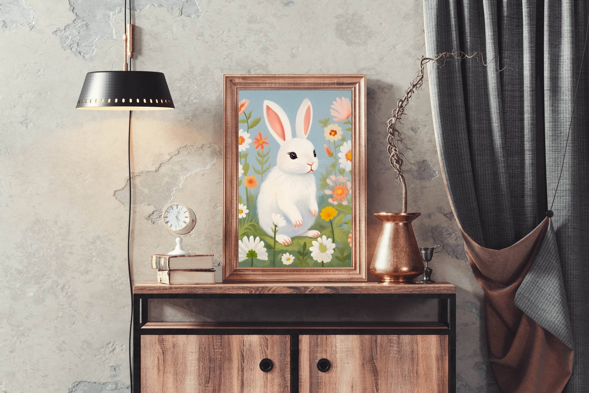 White Bunny Sitting Among Flowers - beink online art store