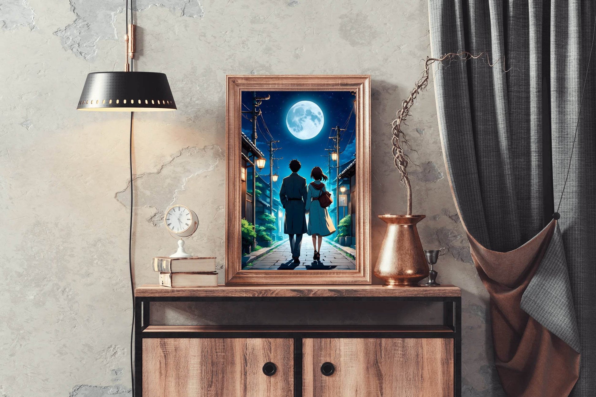 Anime scene of a Man and a Woman Walking Down Under the Moon Anime Wall Art - beink online art store