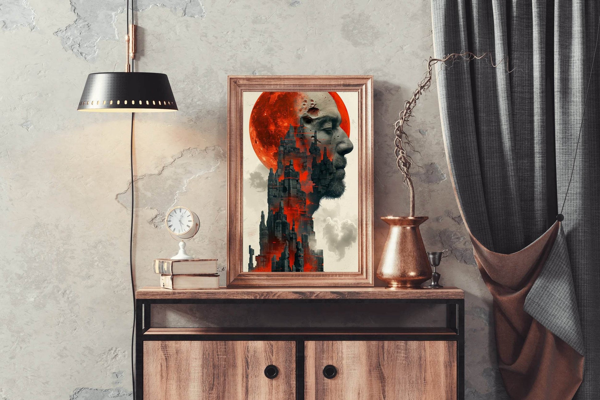 Gothic Cityscape With Face and Red Moon Digital Art - beink online art store
