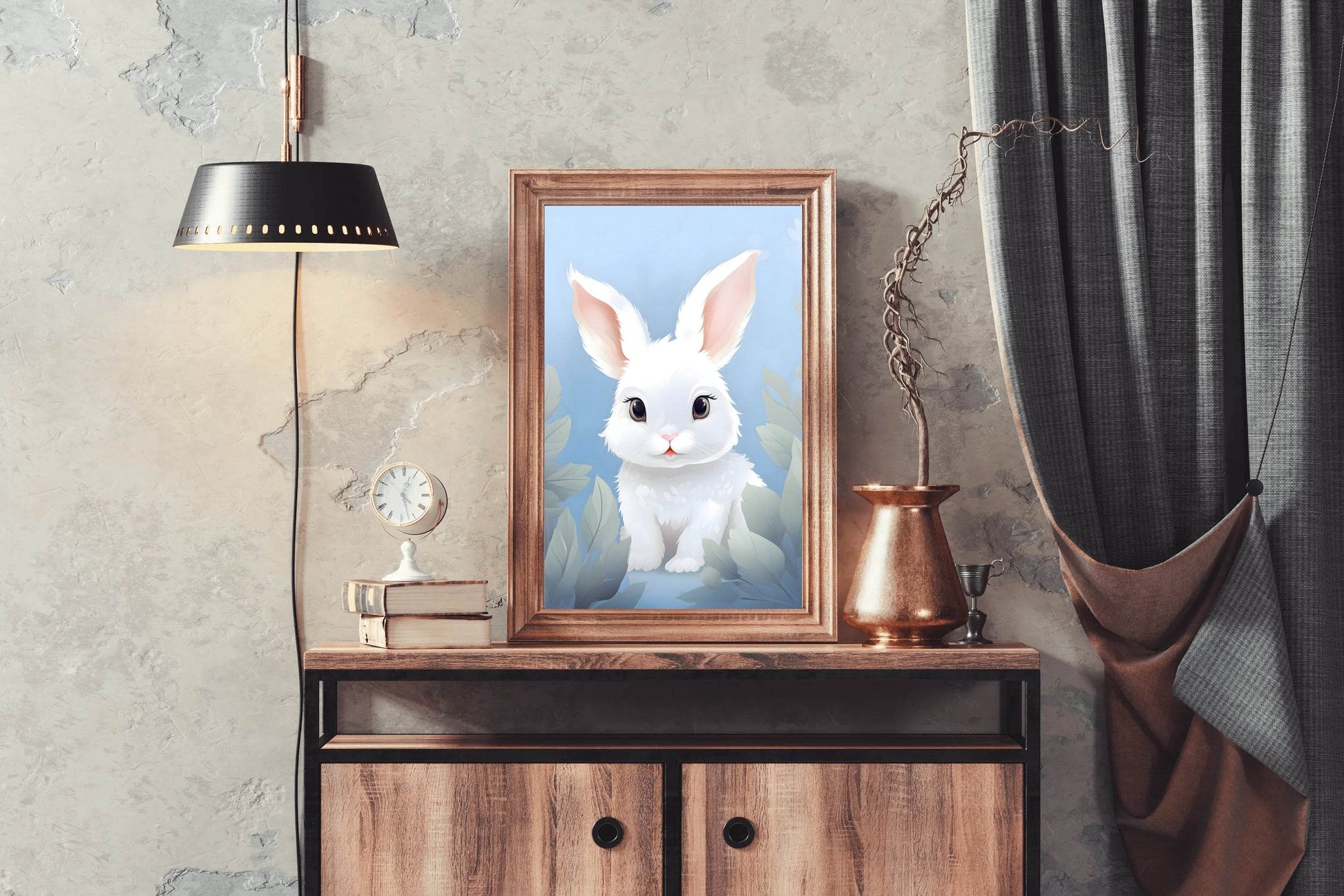 Cute Whit Little Cartoon Bunny Watercolor Painting - beink online art store