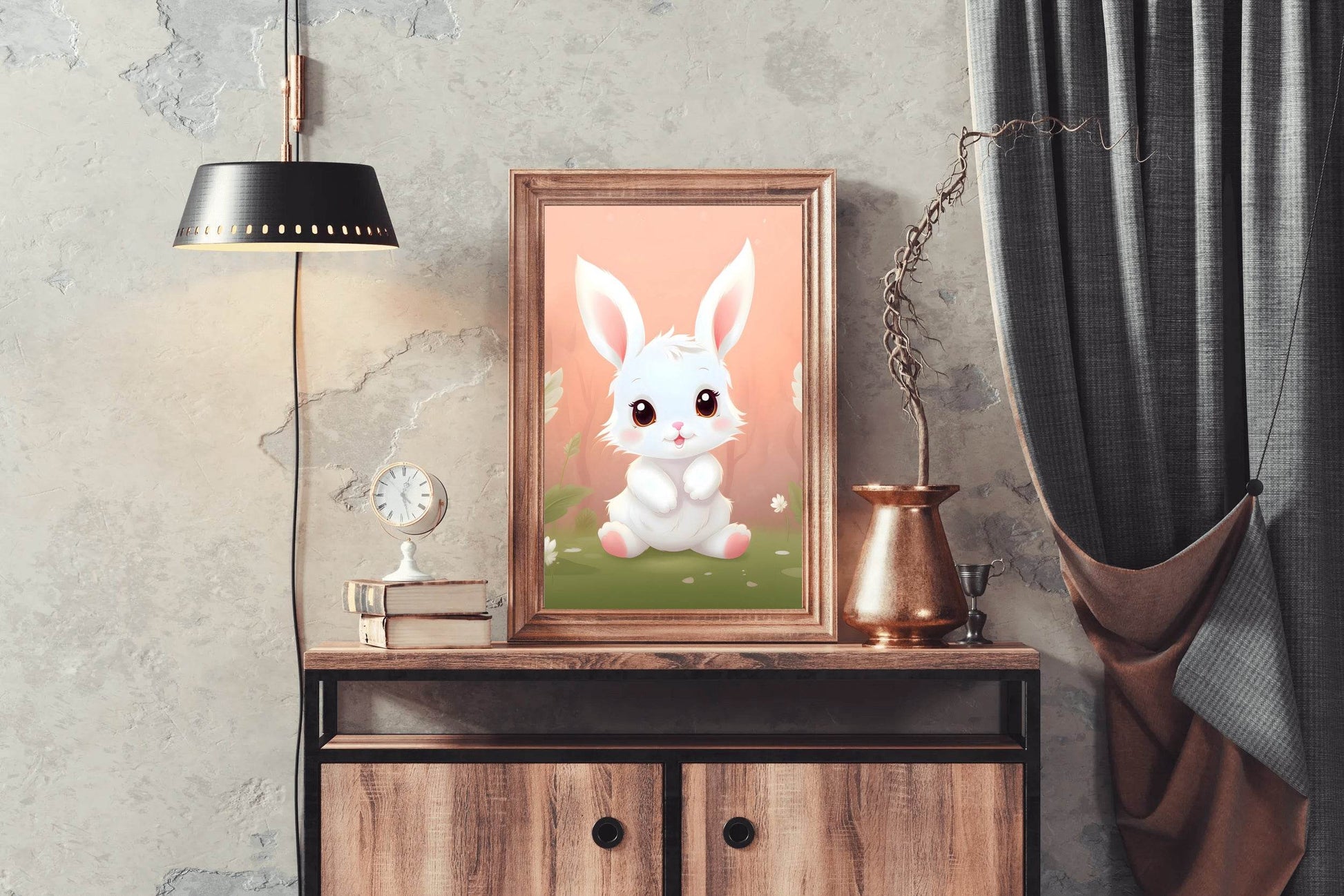 Cute Little White Cartoon Bunny Sitting on the Grass - beink online art store