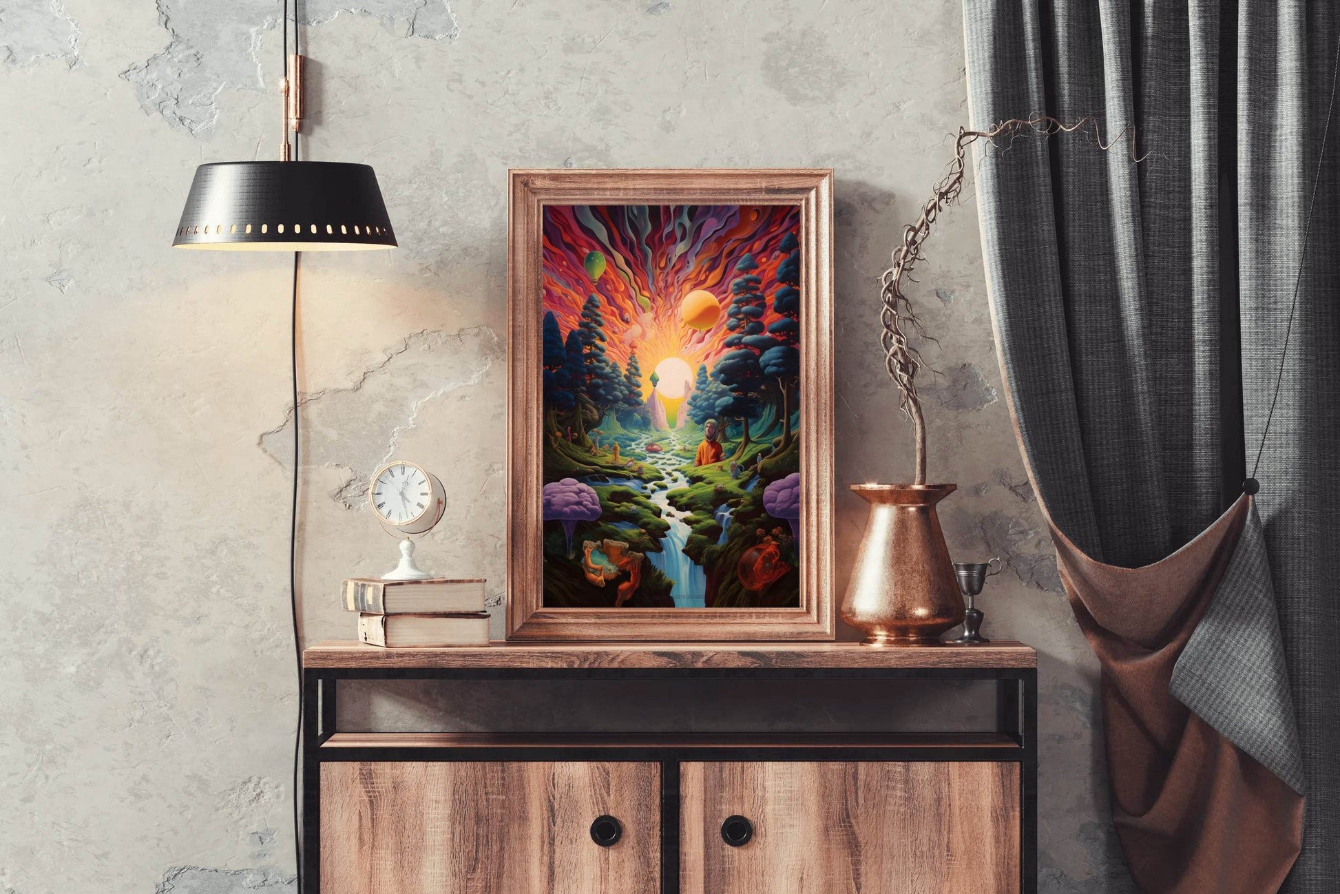 Painting of a Sunset Over a River With a Mountain Wall Art - beink online art store