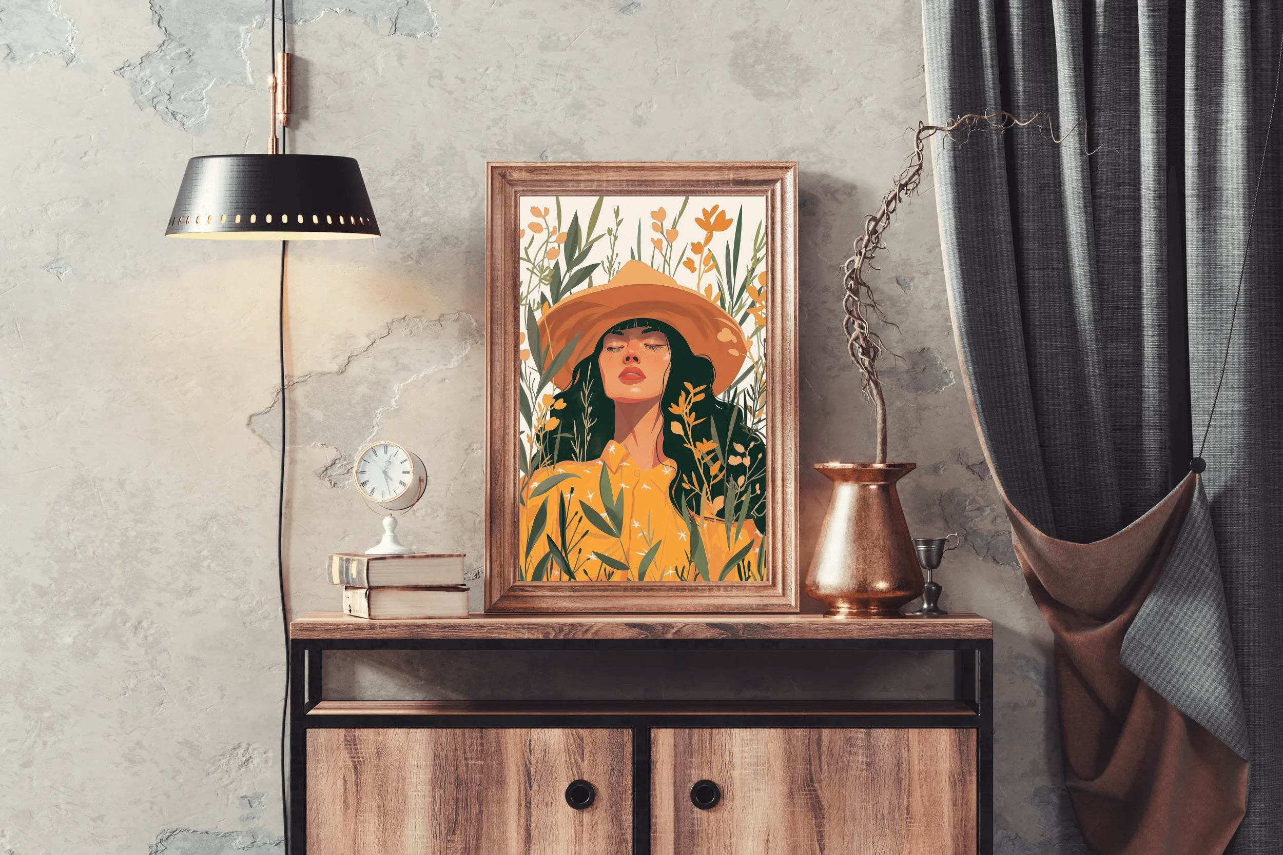 Woman in Yellow Dress and Hat in a Tropical Forest Eyes closed ArtWork - beink online art store