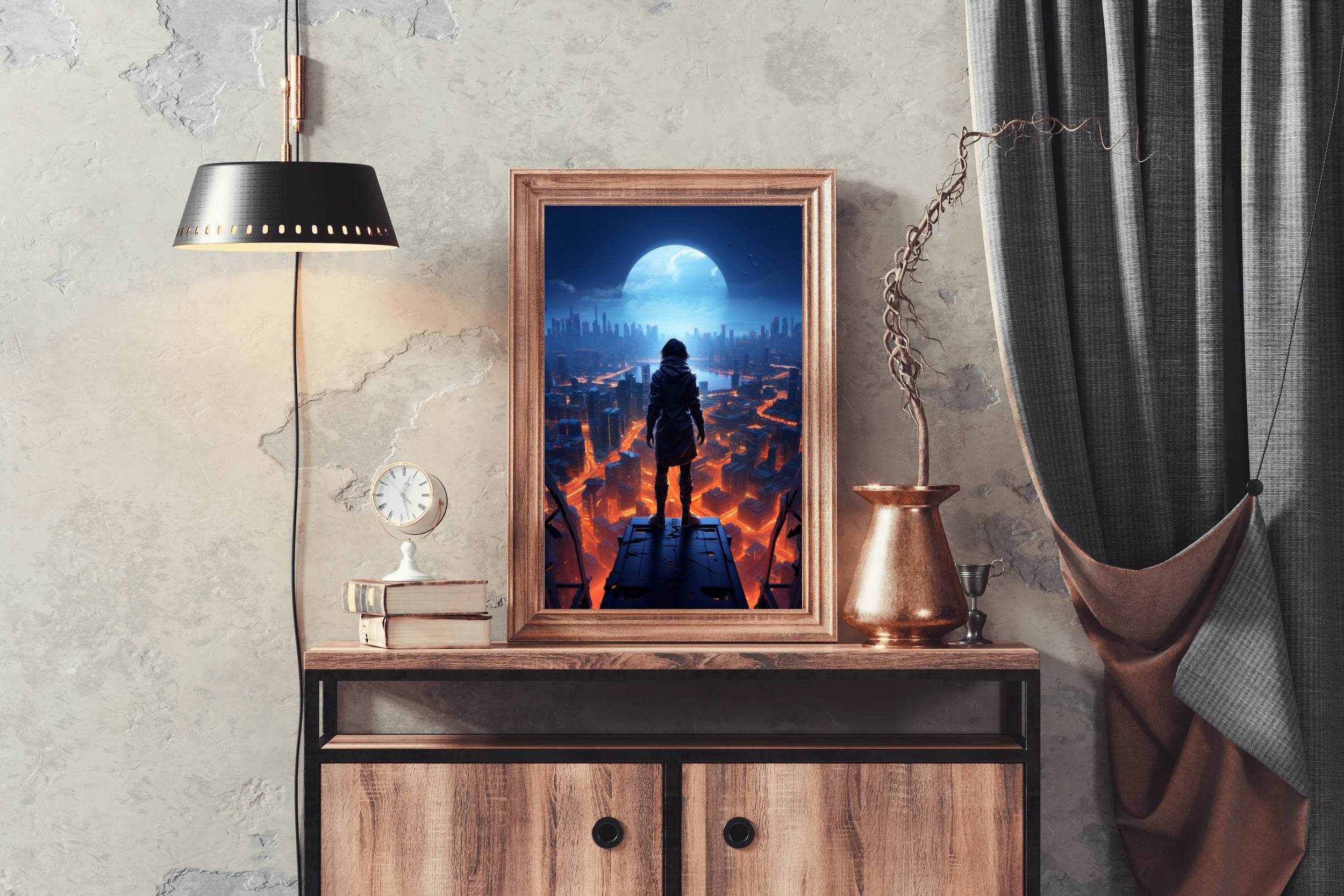 Man Stands On a Ledge Looking At a Cityscape Anime Wall Art - beink online art store