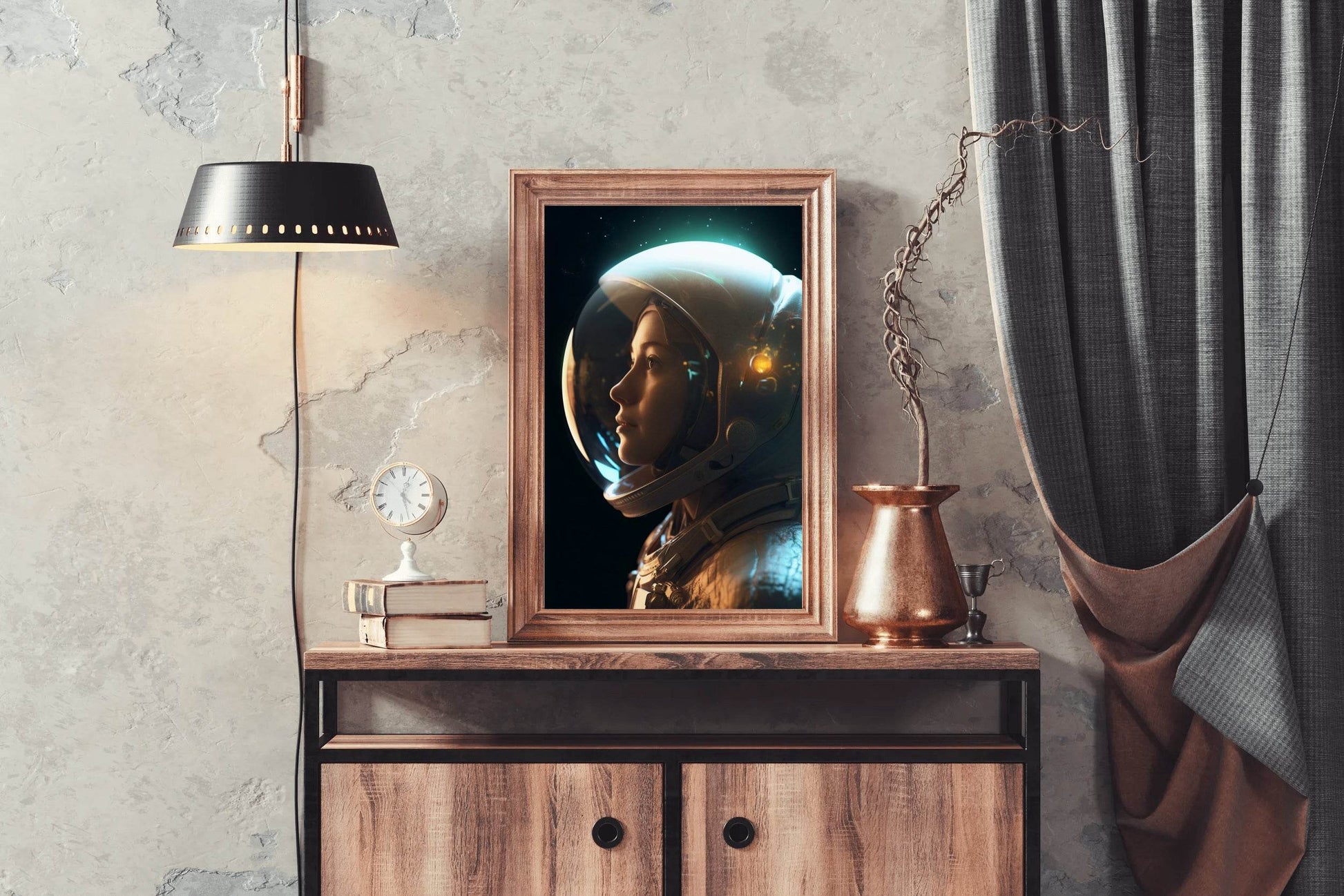 Side view female astronaut wearing spacesuit in space - beink online art store