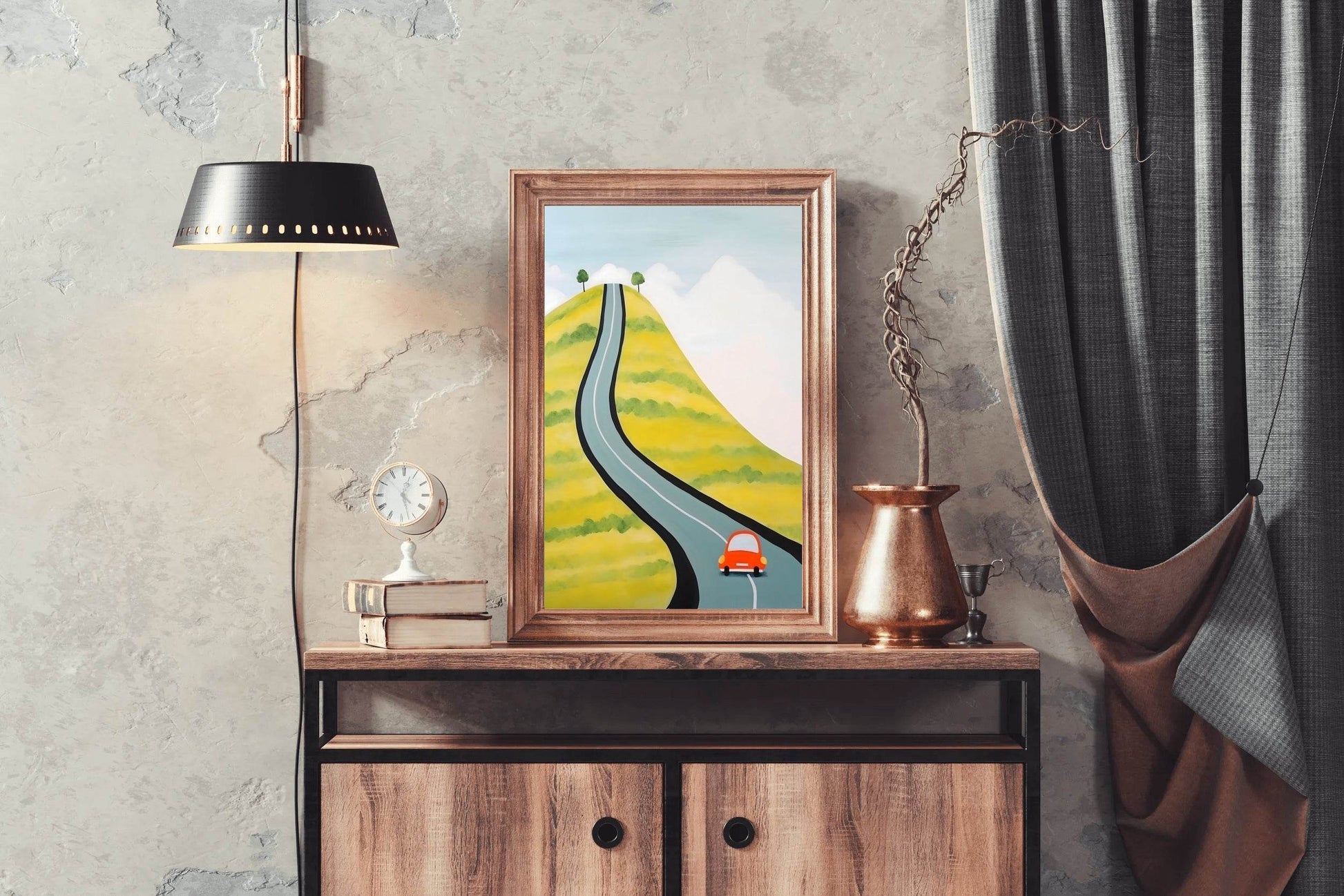 Drawing of a Car Driving Through the Village - beink online art store