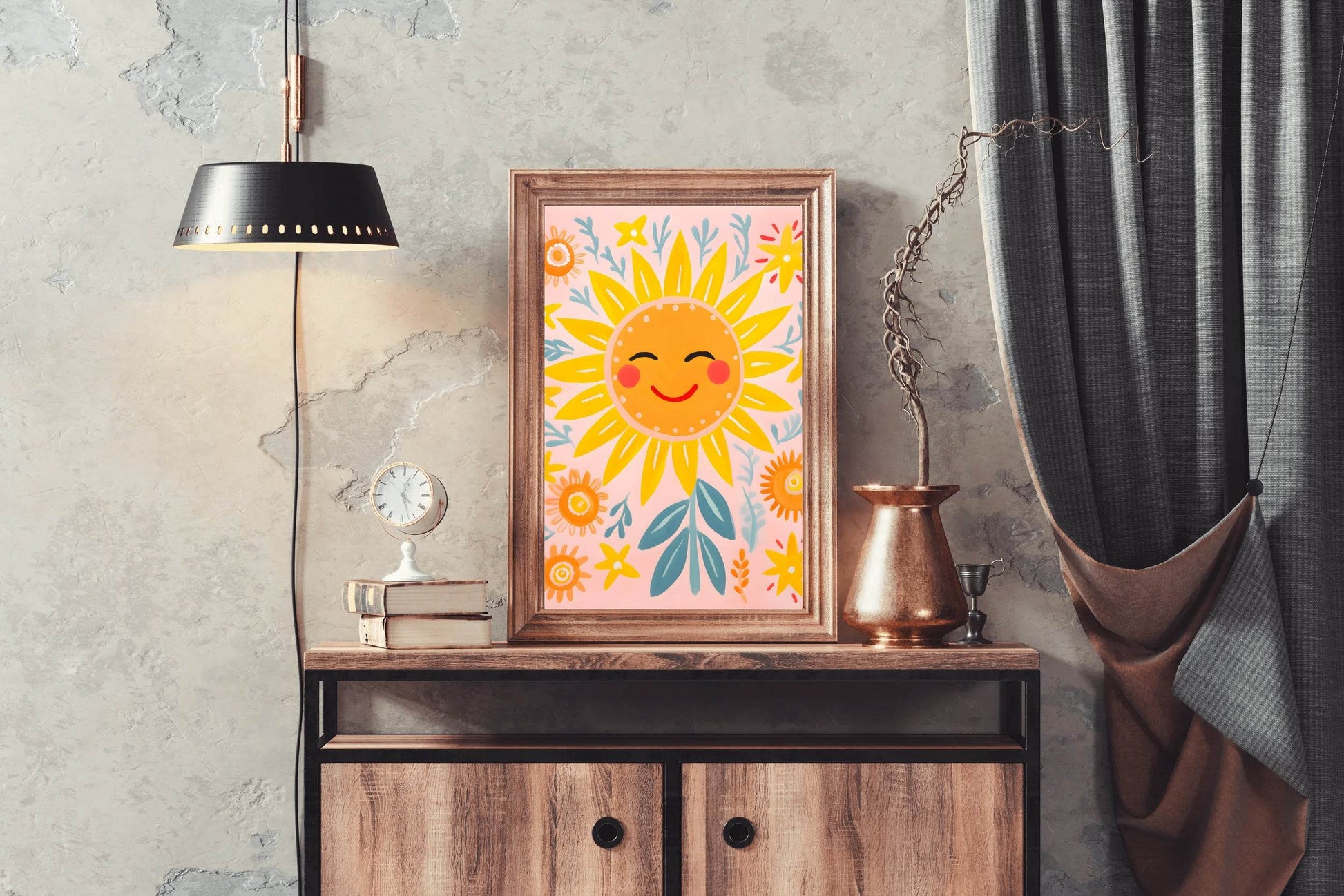 Painting of Smiling Sunflower With Floral Background - beink online art store