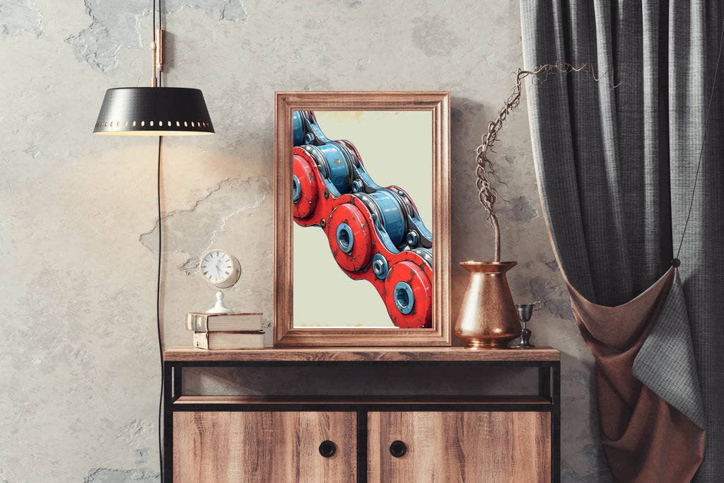 Painting of Red and Blue Bicycle Chain Artwork - beink online art store