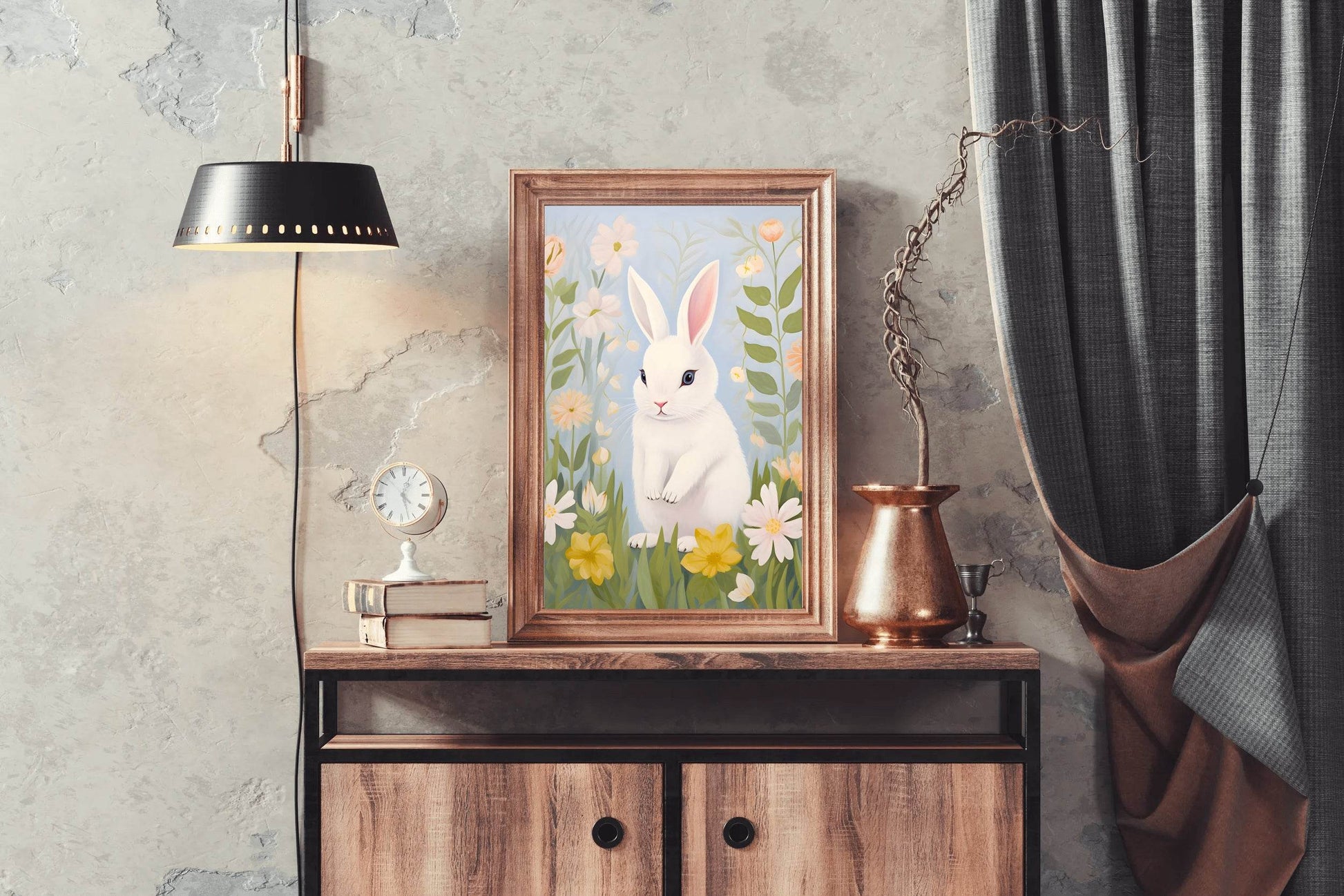 Drawing of Rabbit Sitting on the Grass - beink online art store