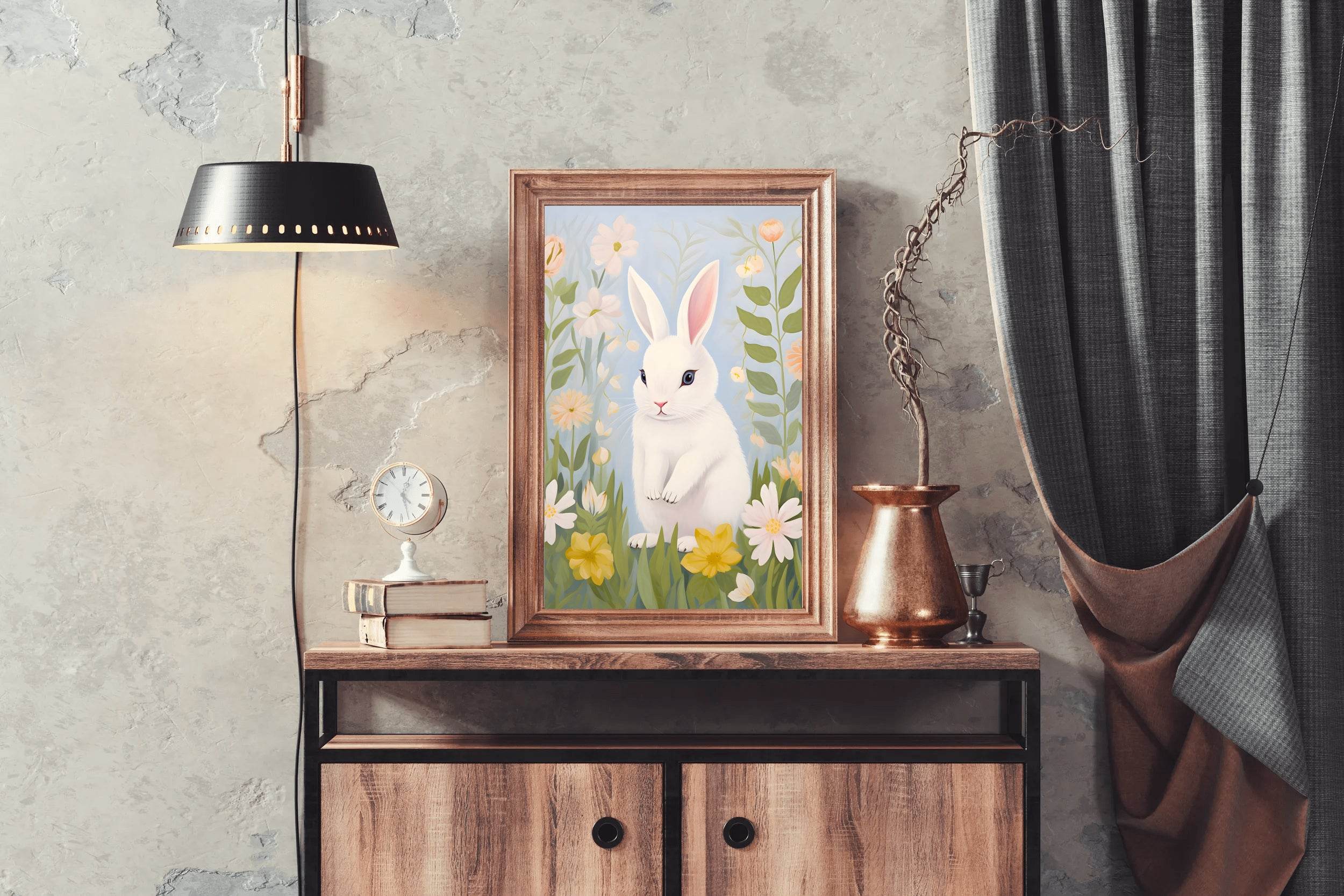 Drawing of Rabbit Sitting on the Grass - beink online art store