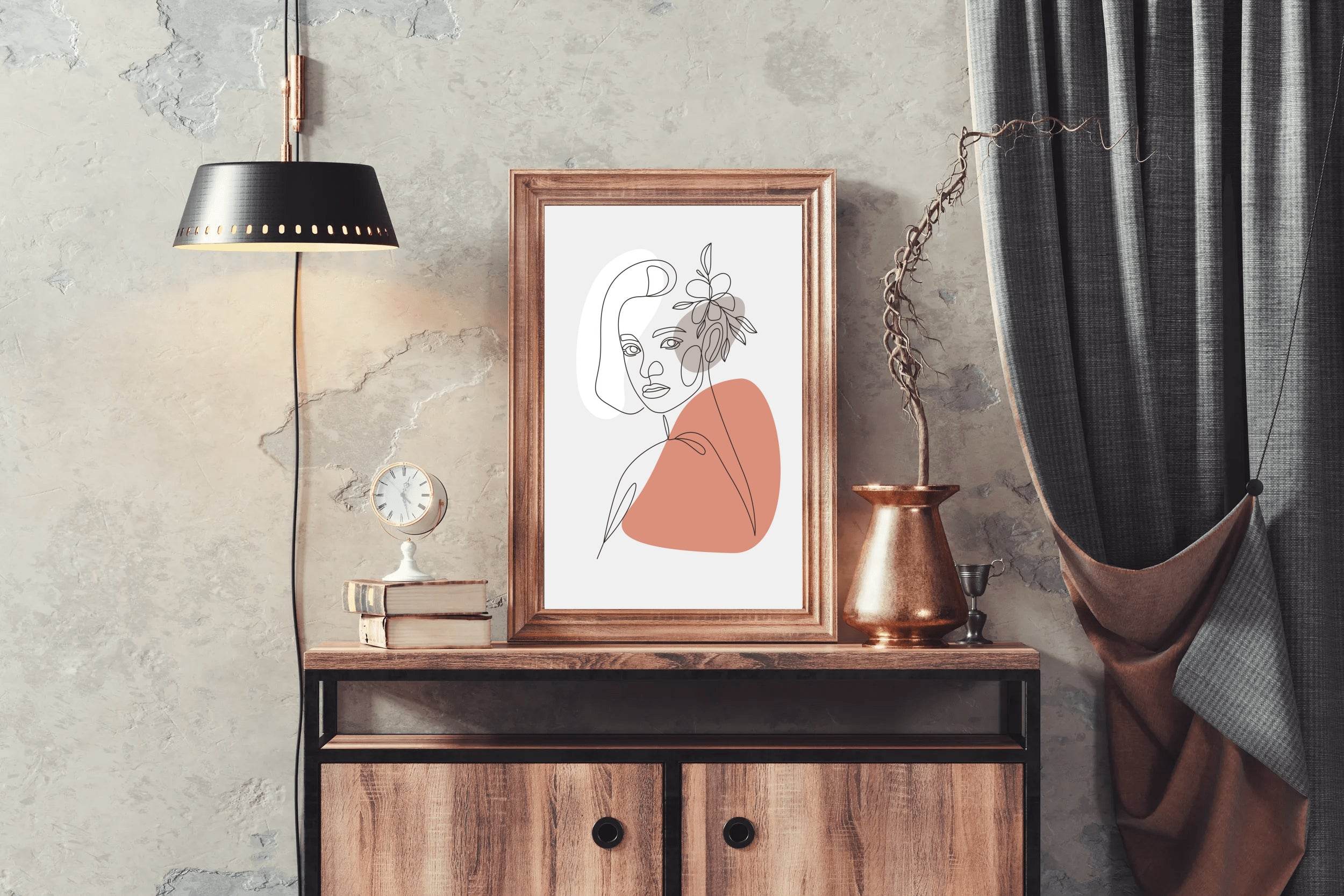 Beautiful Woman and Minimally Drawn Flowers Wall Art - beink online art store