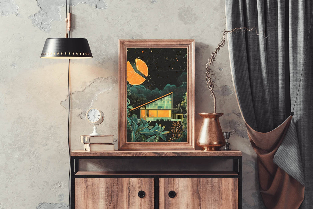 Drawing of A Wooden Hut With A Cut Background of Oranges Wall Art - beink online art store