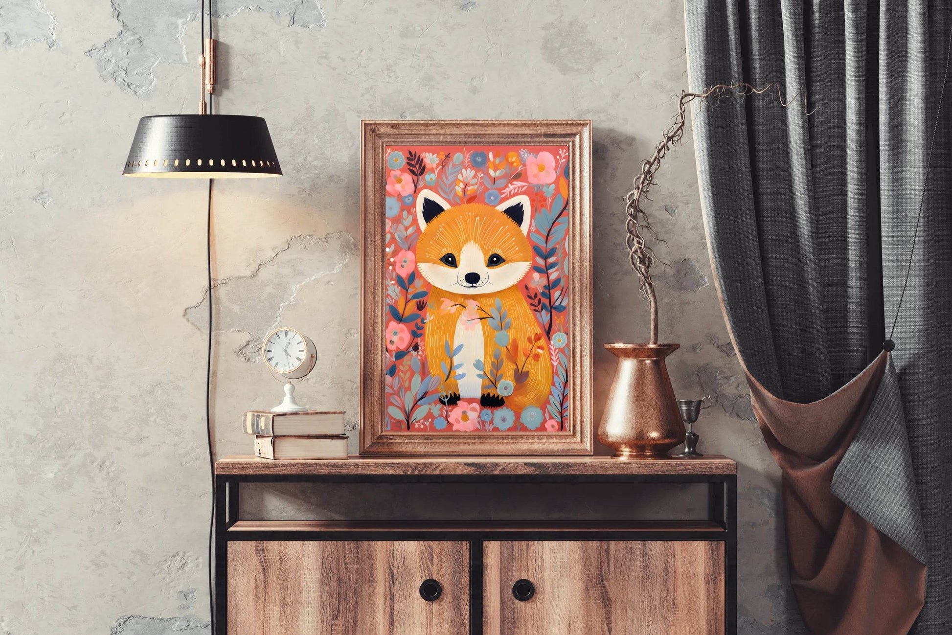 Drawing of Little Fox Sitting in the Flowers - beink online art store