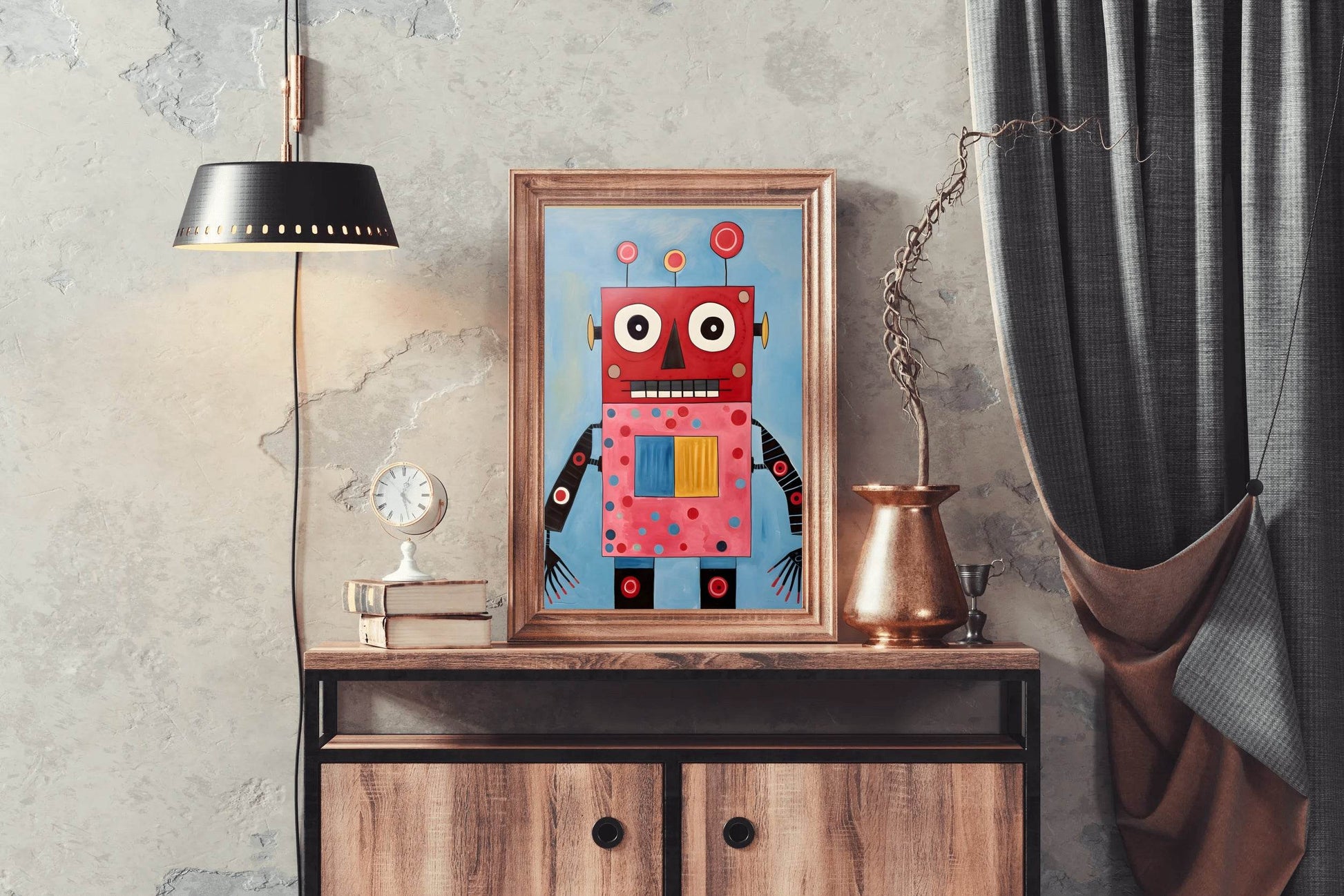 Painting of Red and Pink WaterColor Robot - beink online art store
