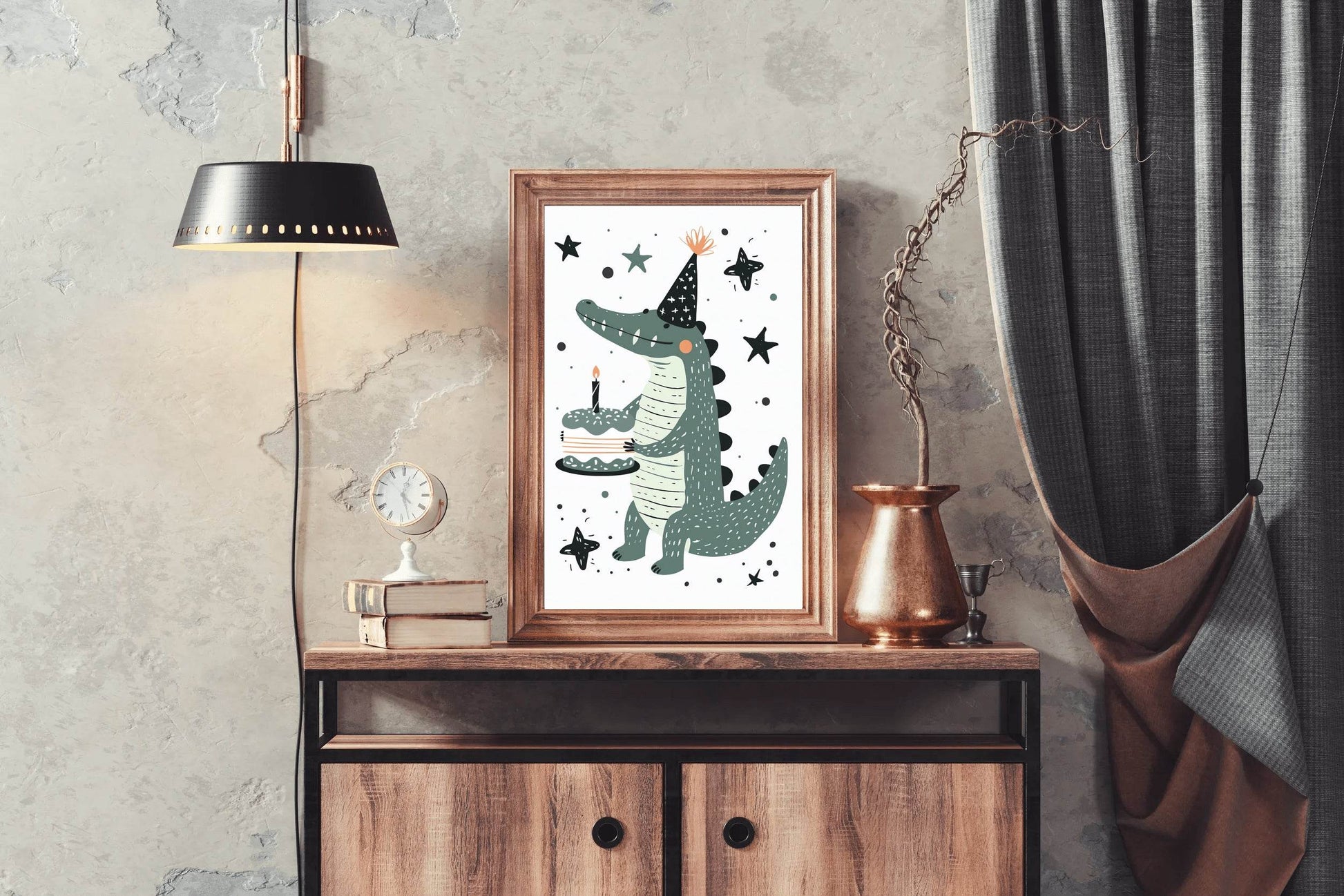 Cartoon Alligator Holding Cake Wall Art - beink online art store