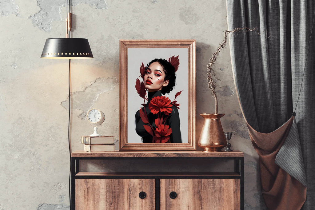 Lady with Curly Hair and Red Flower Wall Art - beink online art store