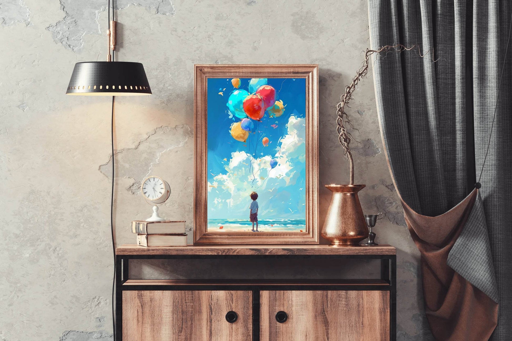 Painting of a Boy Standing Near Sea With Balloons - beink online art store