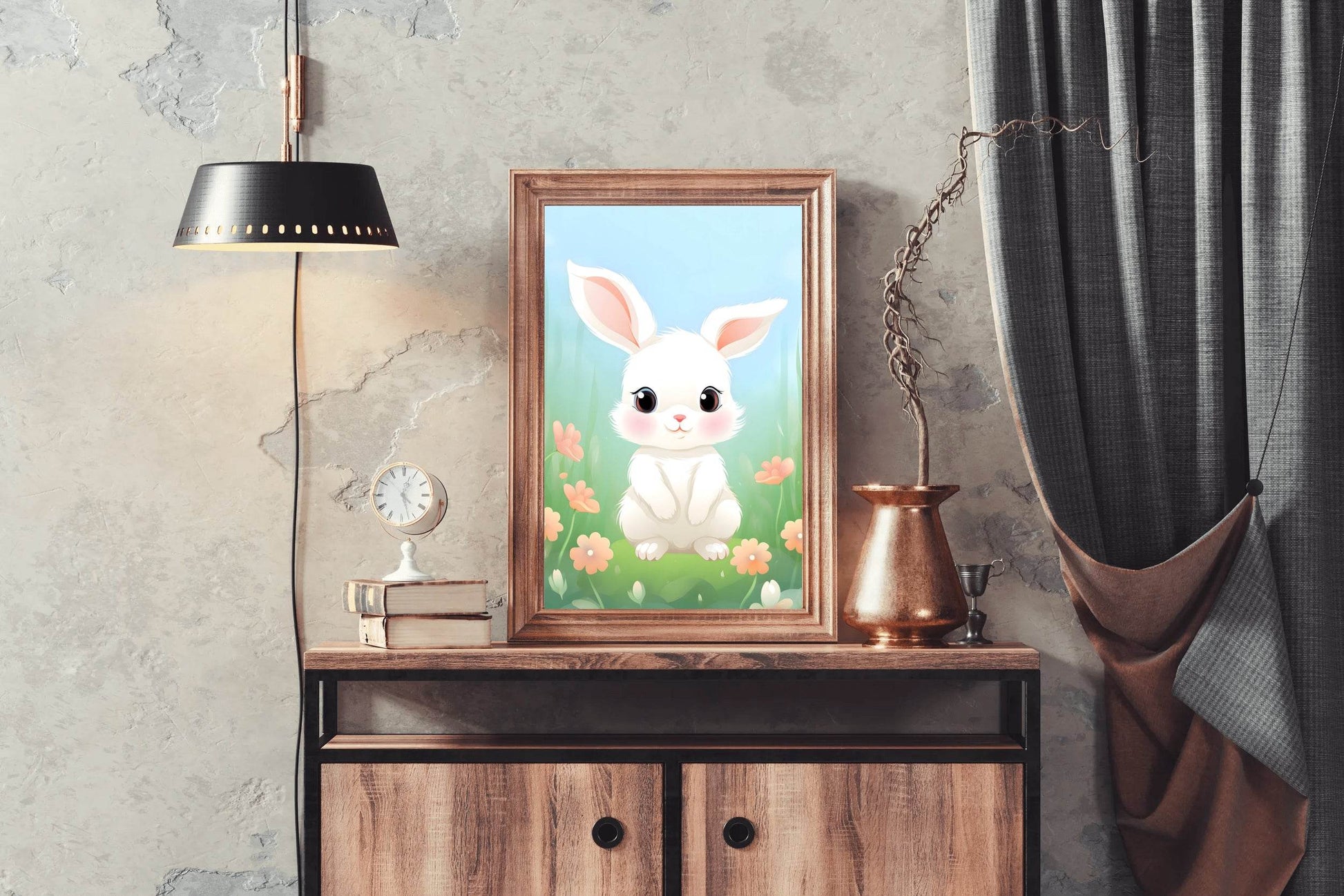Smiling Cartoonish Bunny in the Garden - beink online art store