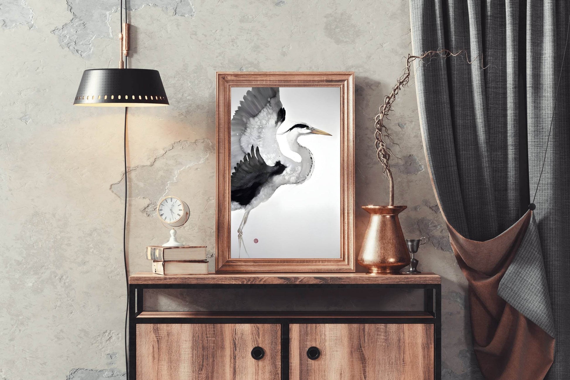 Watercolor Painting of Grey Heron Modern Art - beink online art store