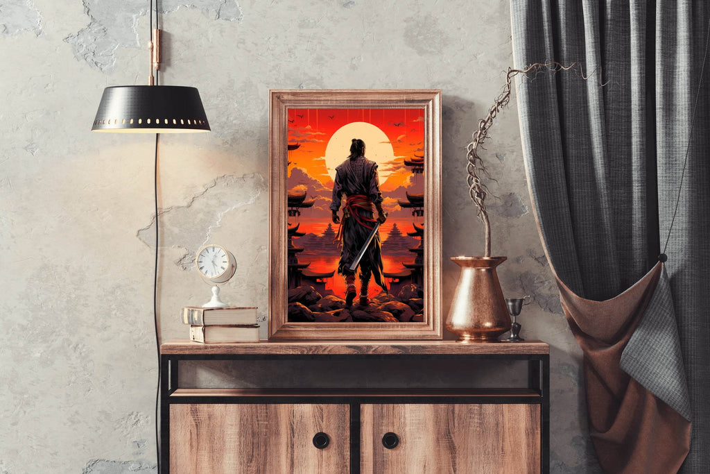 Sunset Style Portrait of Traditional Japanese's Samurai Character Anime Wall Art - beink online art store
