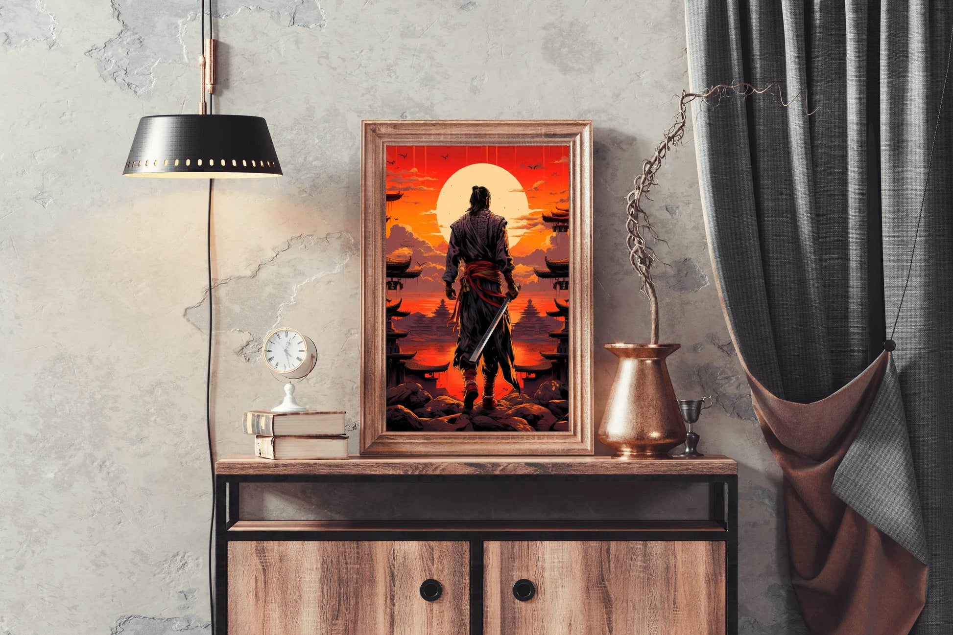 Sunset Style Portrait of Traditional Japanese's Samurai Character Anime Wall Art - beink online art store