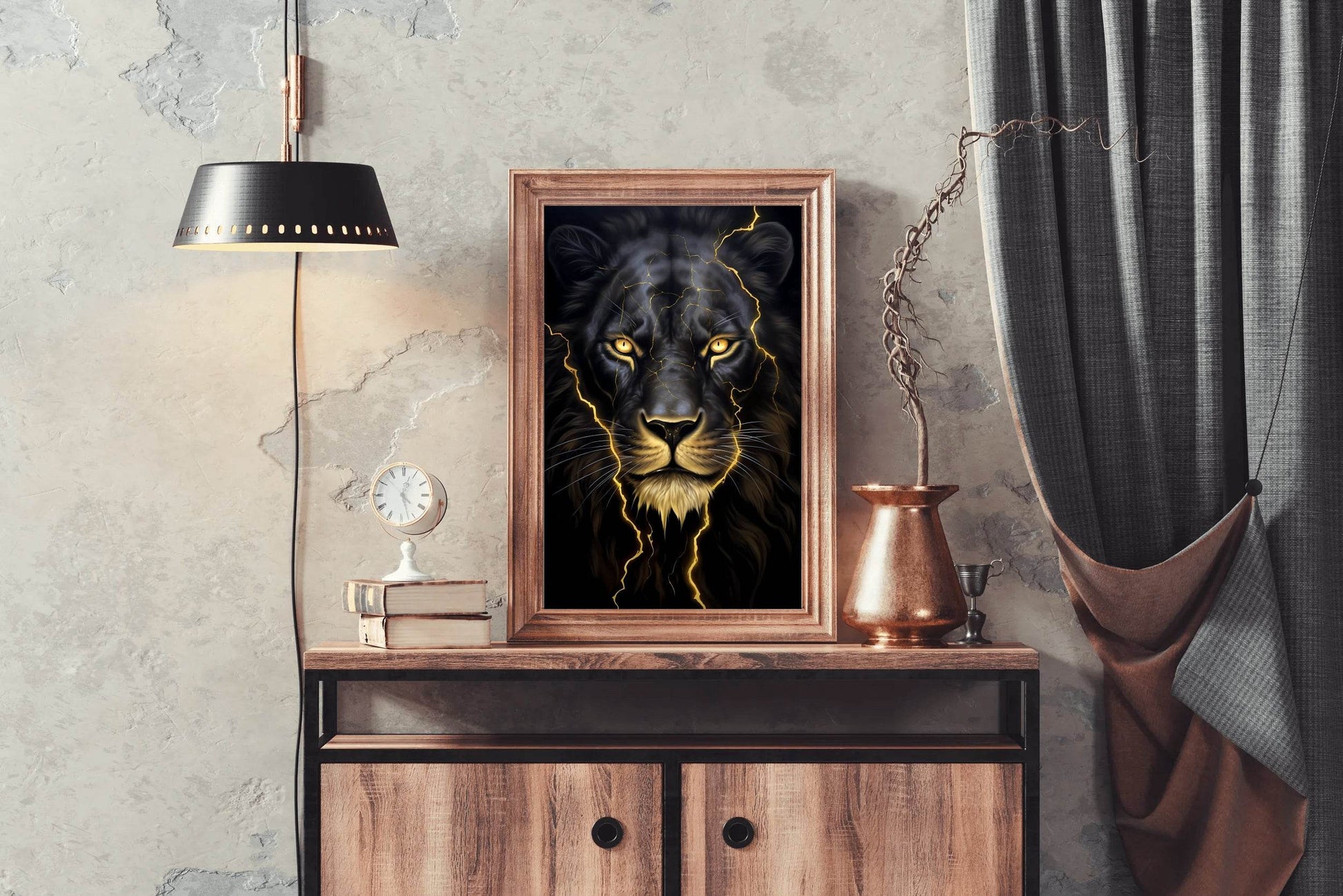 Black Color Neon Line Painting of Lion - beink online art store