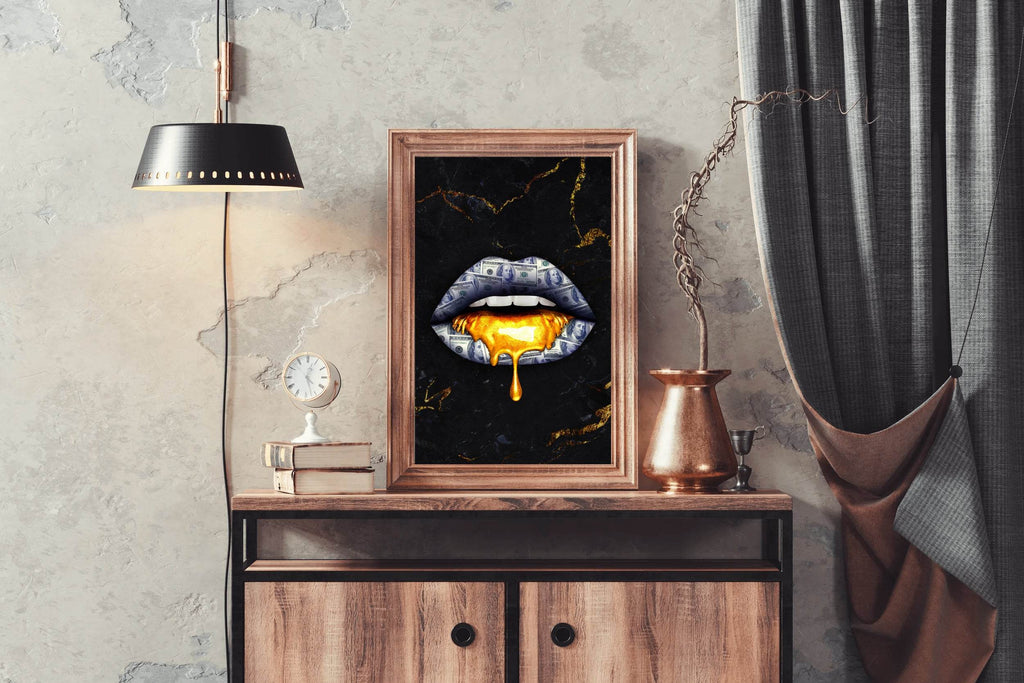 Black Woman Lips With Money And Gold Wall Art - beink online art store