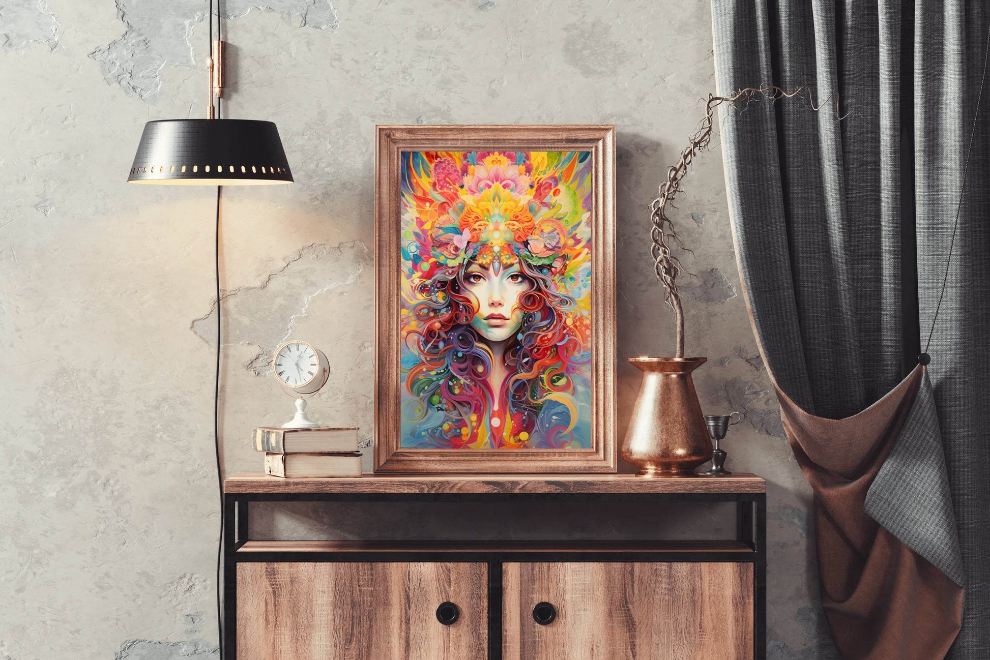 Painting of a Woman with a Colorful Headpiece and Flowers in Her Hair - beink online art store