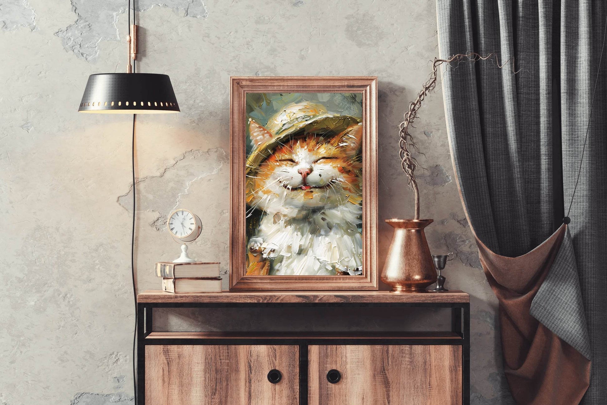Slashed Oil Painting of Cat Wearing Hat - beink online art store