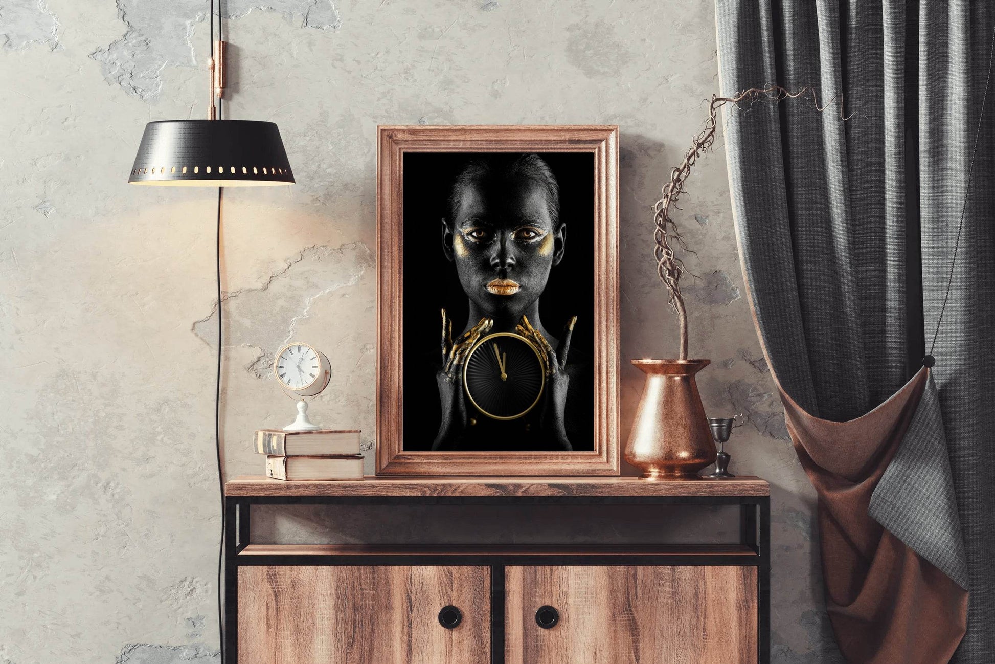 Black Woman With A Gold Watch in Her Hand Wall Art - beink online art store