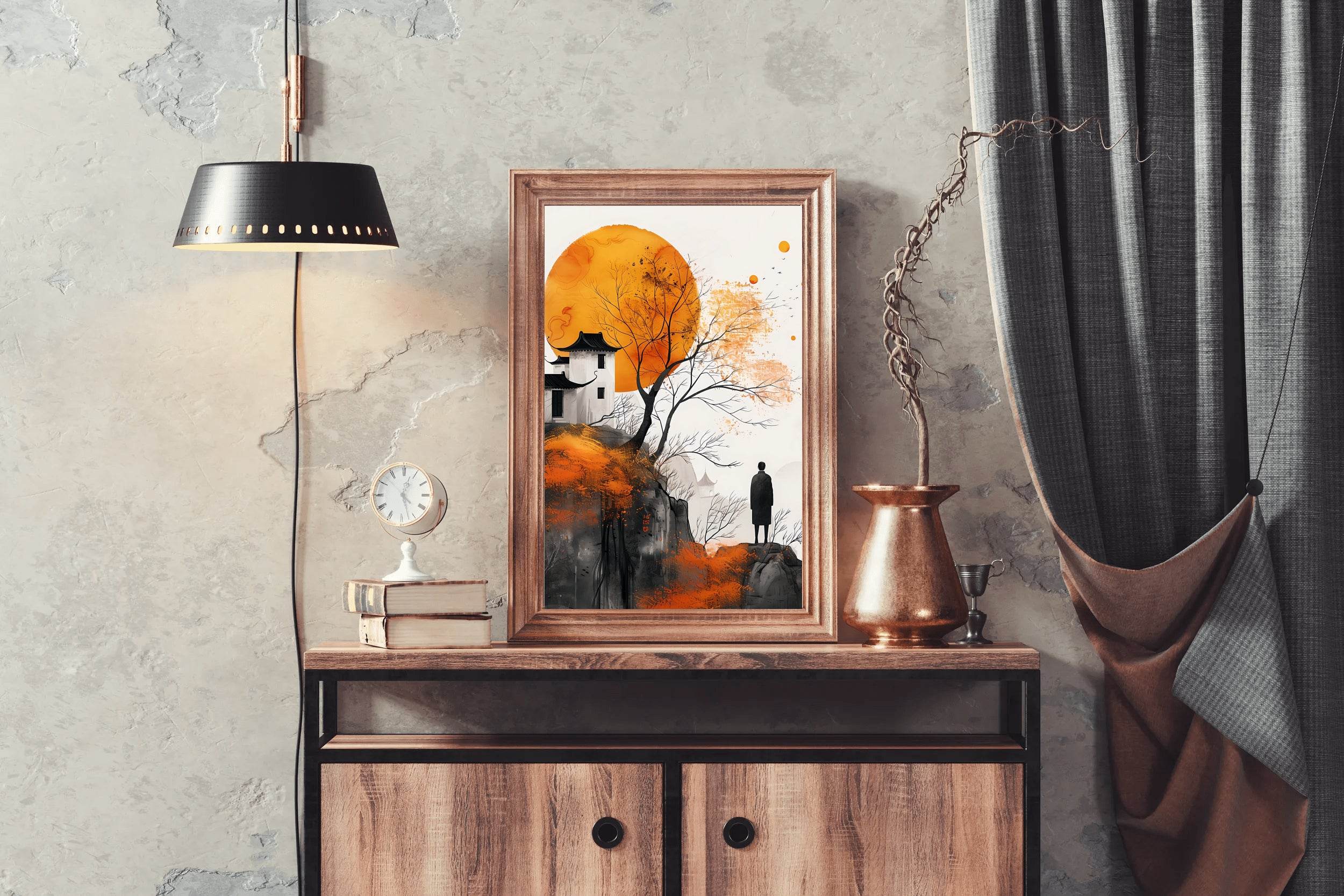 Orange Moon and Ancient House Wall Art - beink online art store