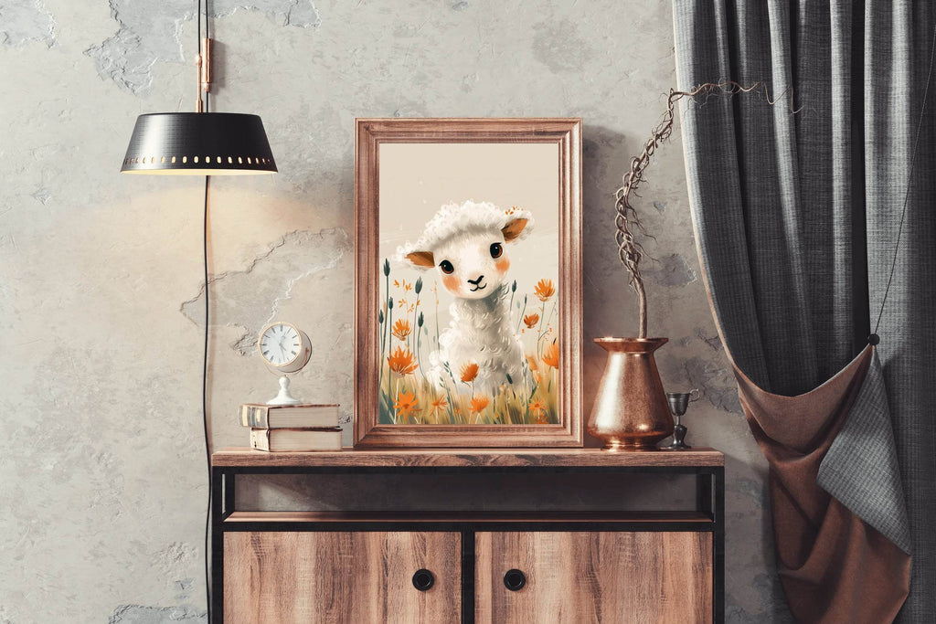 Painting of White Lamb With Flowers - beink online art store