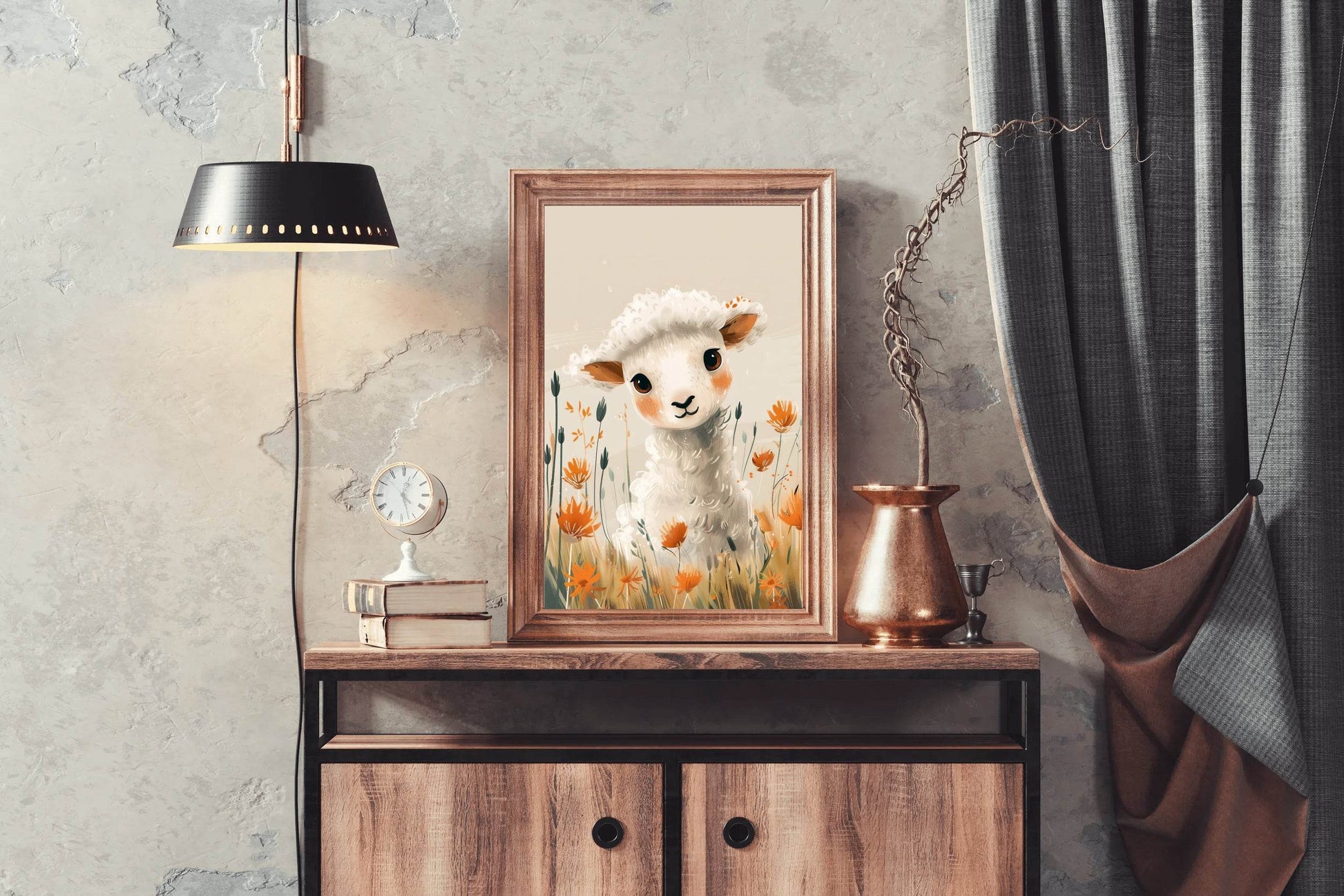 Painting of White Lamb With Flowers - beink online art store