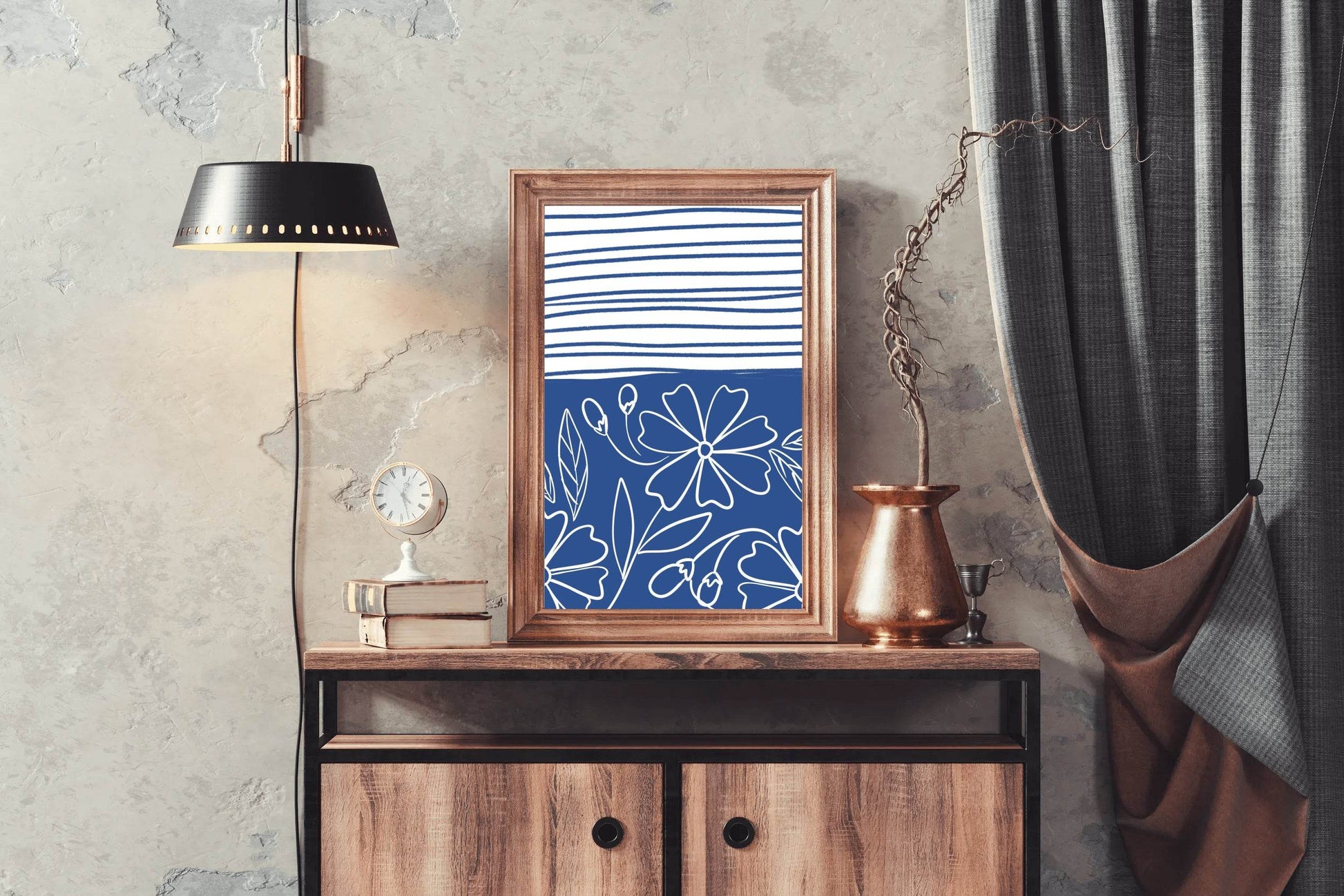 Blue and White Striped Paper With Flowers Wall Art - beink online art store