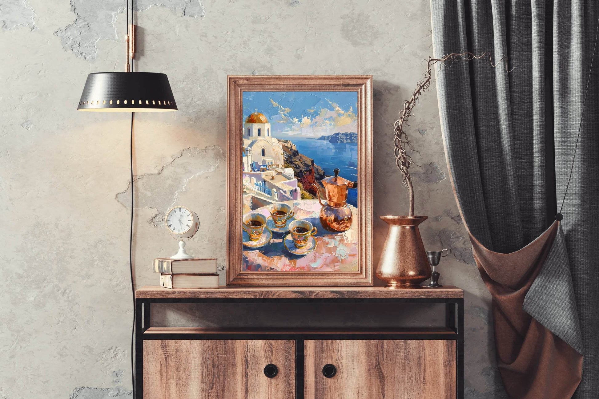 Morning Coffee with a View Greek Getaway Santorini Sunrise Wall Art - beink online art store